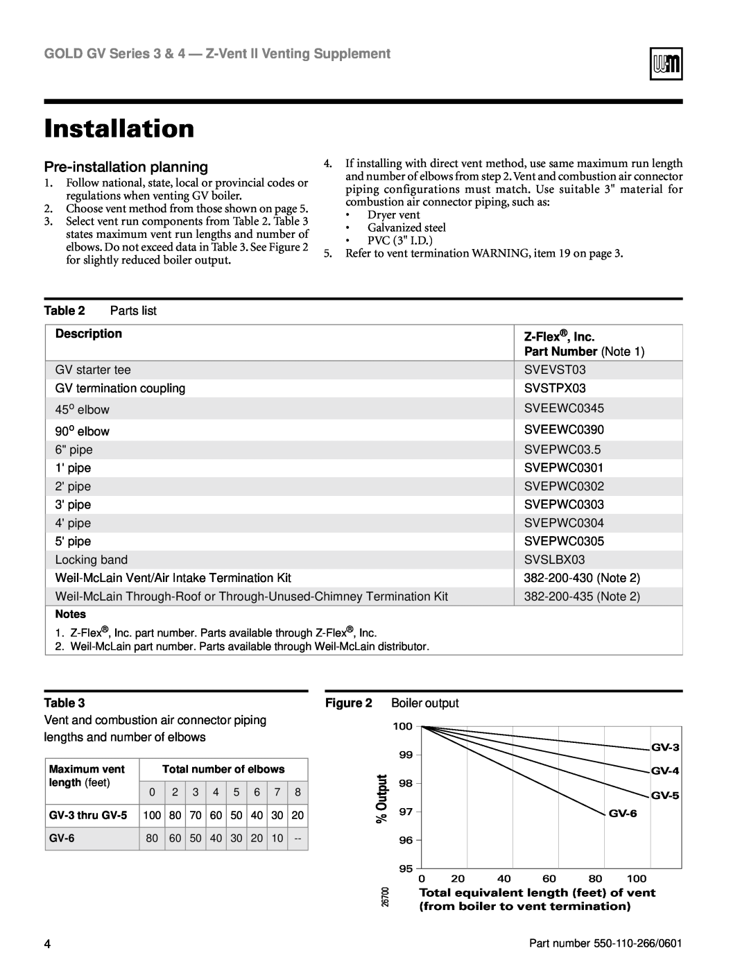 Weil-McLain GV Series 3, GV Series 4 Installation, Pre-installationplanning, Description, Z-Flex ,Inc, Part Number Note 