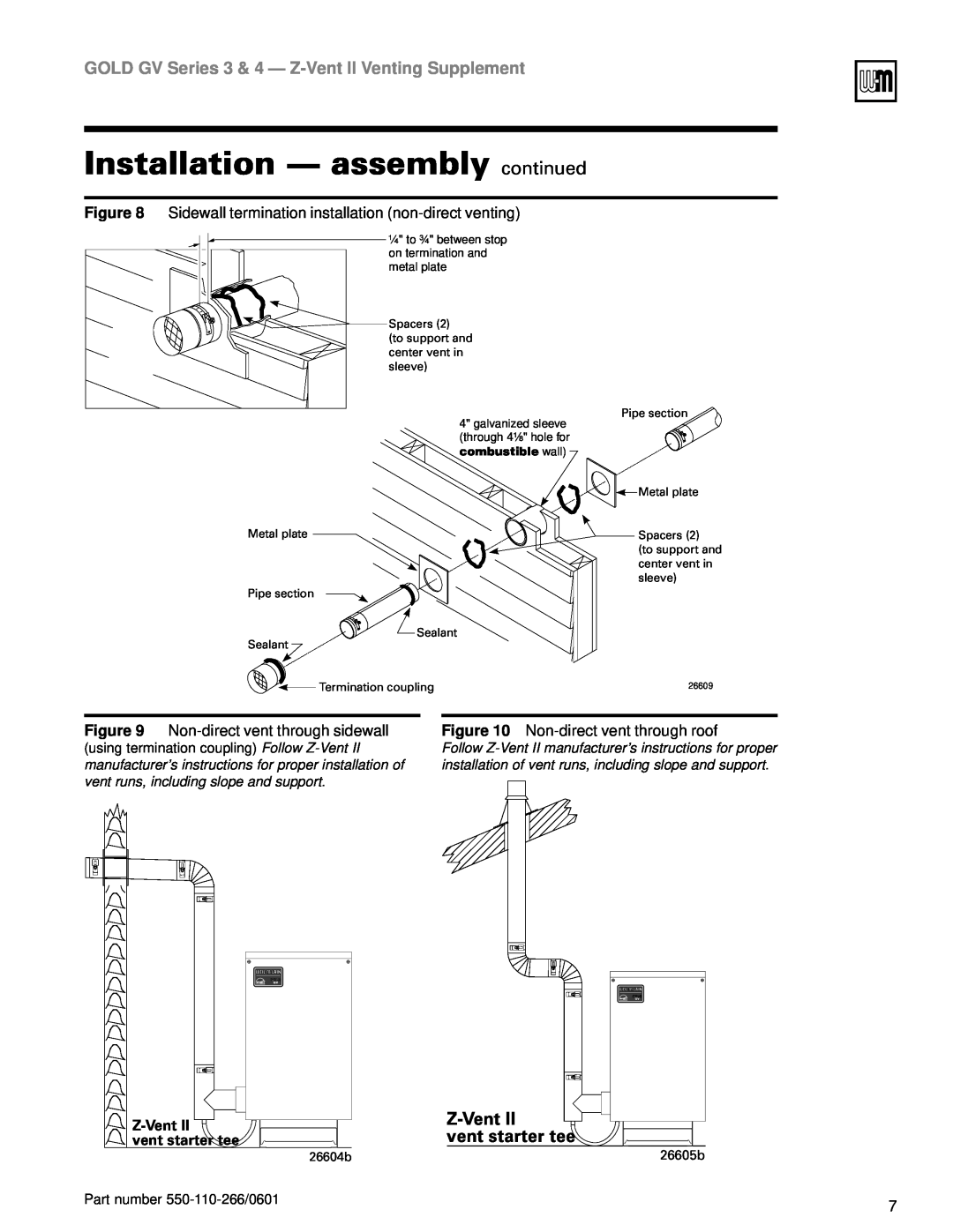 Weil-McLain GV Series 4 Installation - assembly continued, Z-VentII, vent starter tee, 26604b, 26605b, combustible wall 