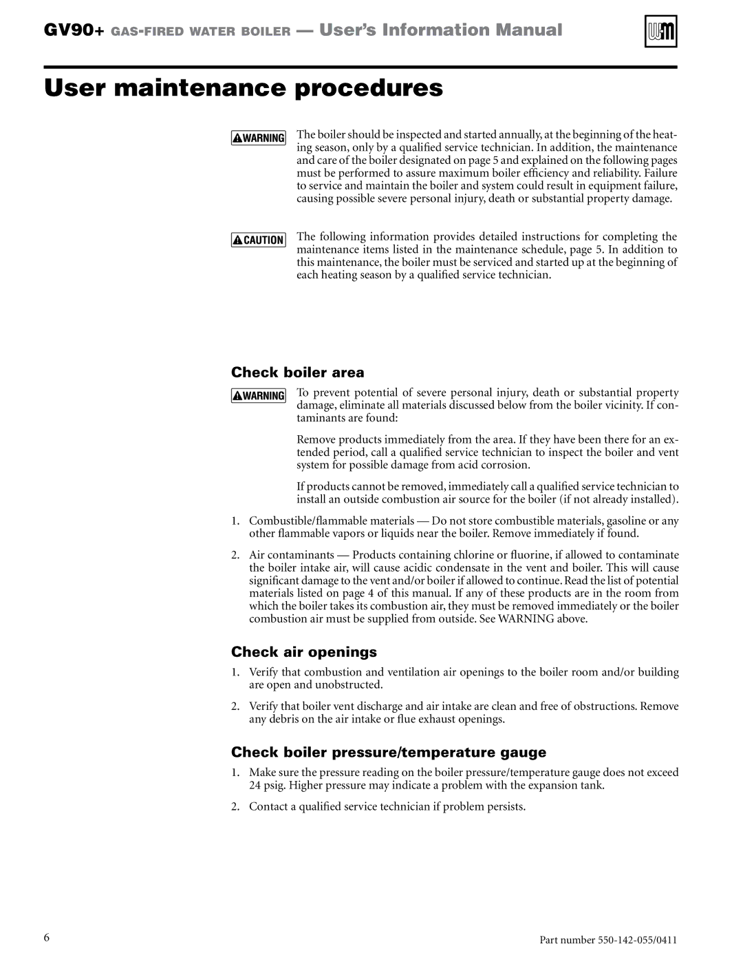 Weil-McLain GV90+ manual User maintenance procedures, Daily, Check boiler area, Check air openings 