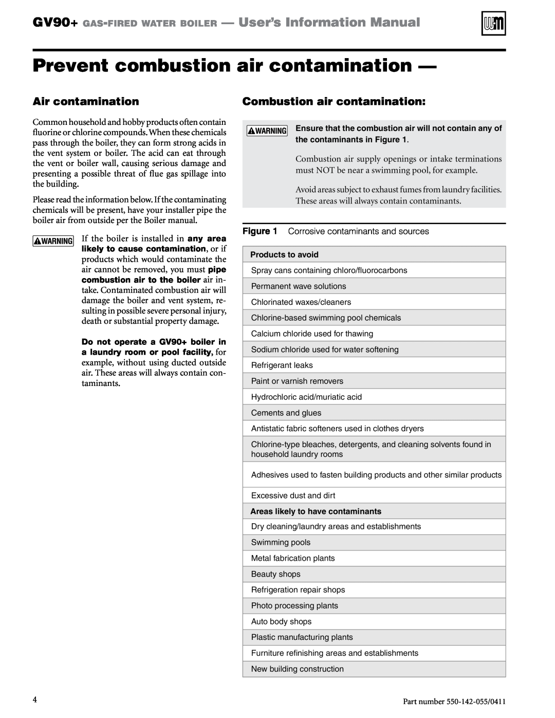 Weil-McLain GV90+ manual Prevent combustion air contamination, Air contamination, Combustion air contamination 