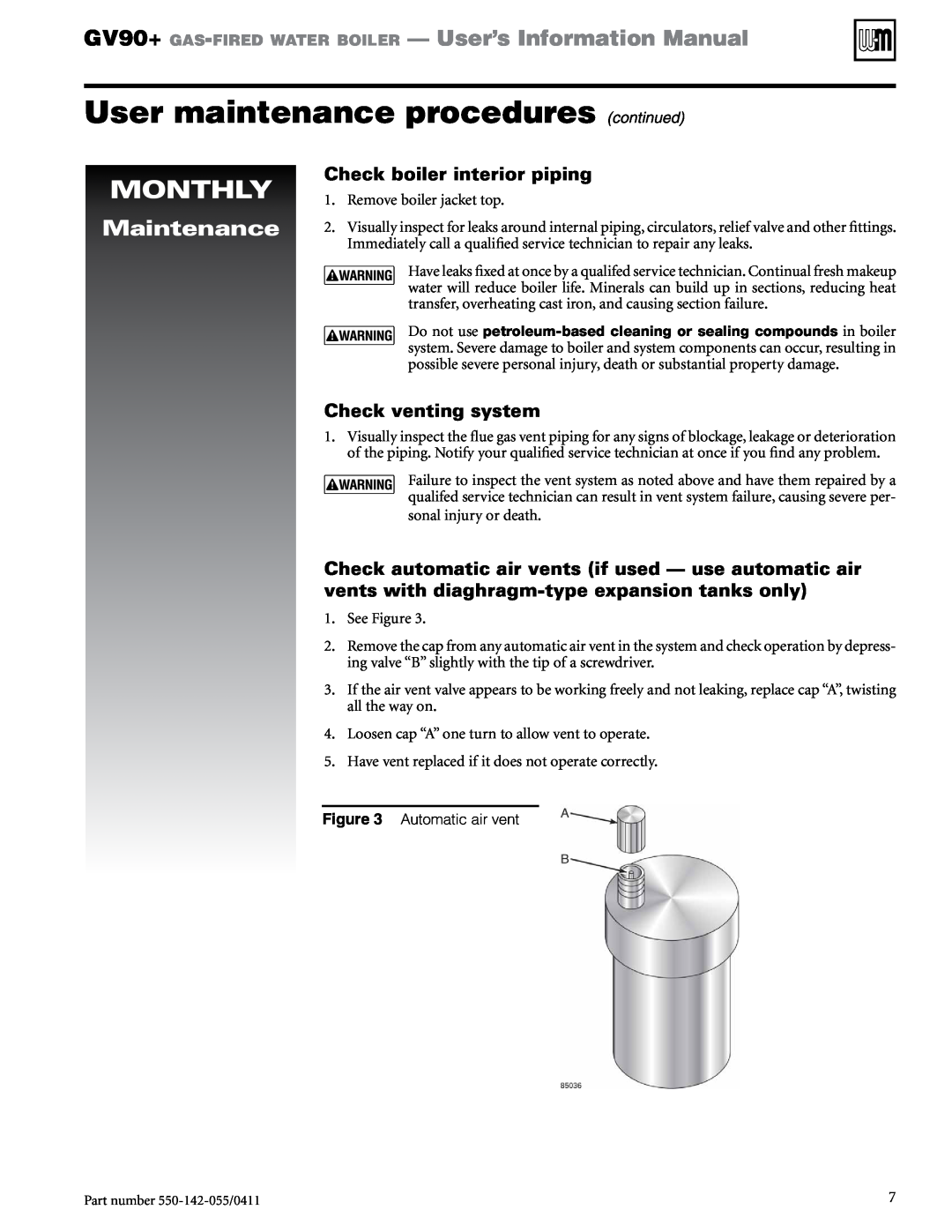 Weil-McLain GV90+ manual User maintenance procedures continued, Monthly, Maintenance, Check boiler interior piping 