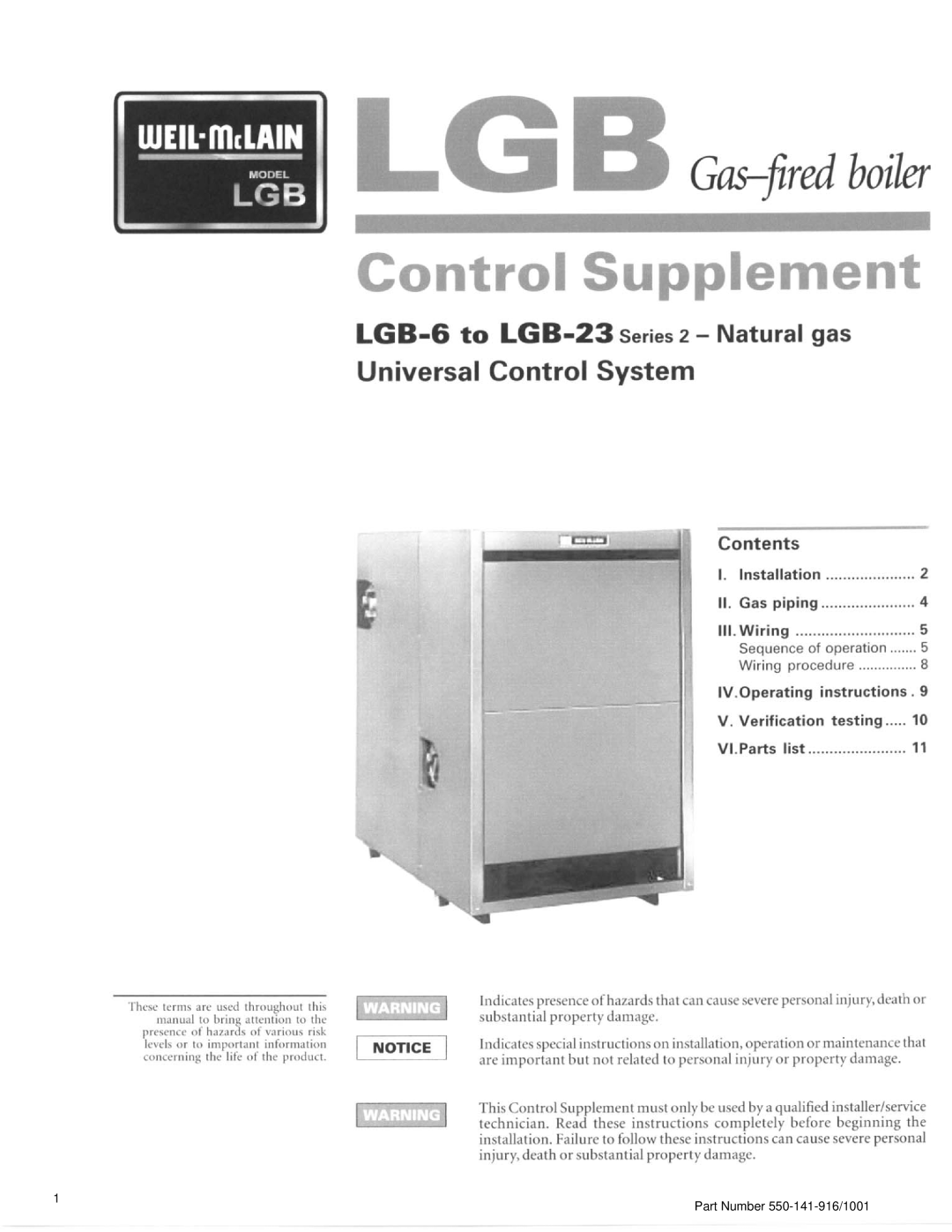 Weil-McLain LGB-23 manual Part Number 550-141-916/1001 