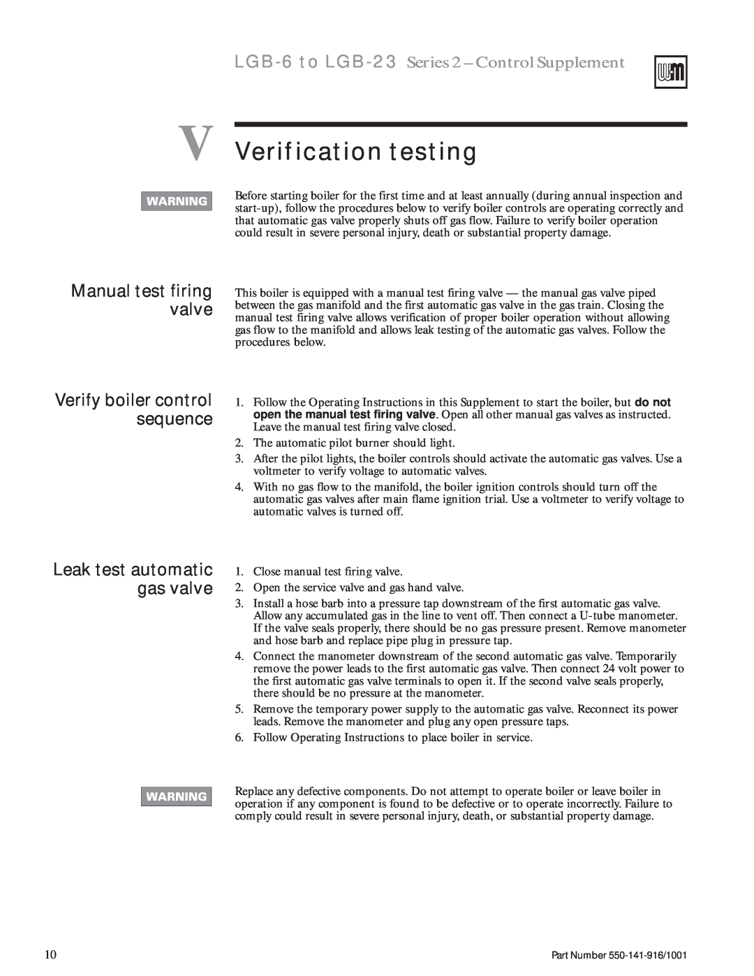 Weil-McLain manual V Verification testing, Manual test firing valve, LGB-6to LGB-23 Series 2 - Control Supplement 