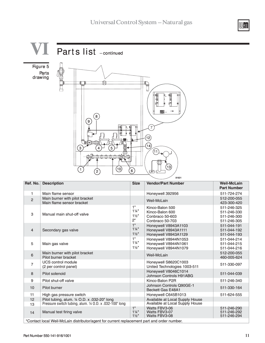 Weil-McLain LGB-23 manual VI Parts list - continued, Parts drawing, Universal Control System - Natural gas 