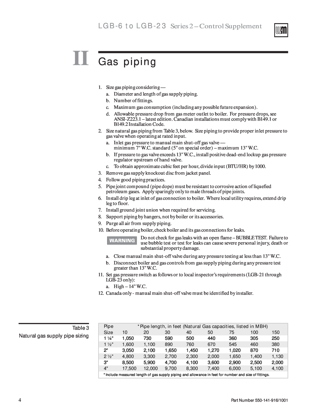 Weil-McLain manual II Gas piping, LGB-6to LGB-23 Series 2 - Control Supplement, Natural gas supply pipe sizing 