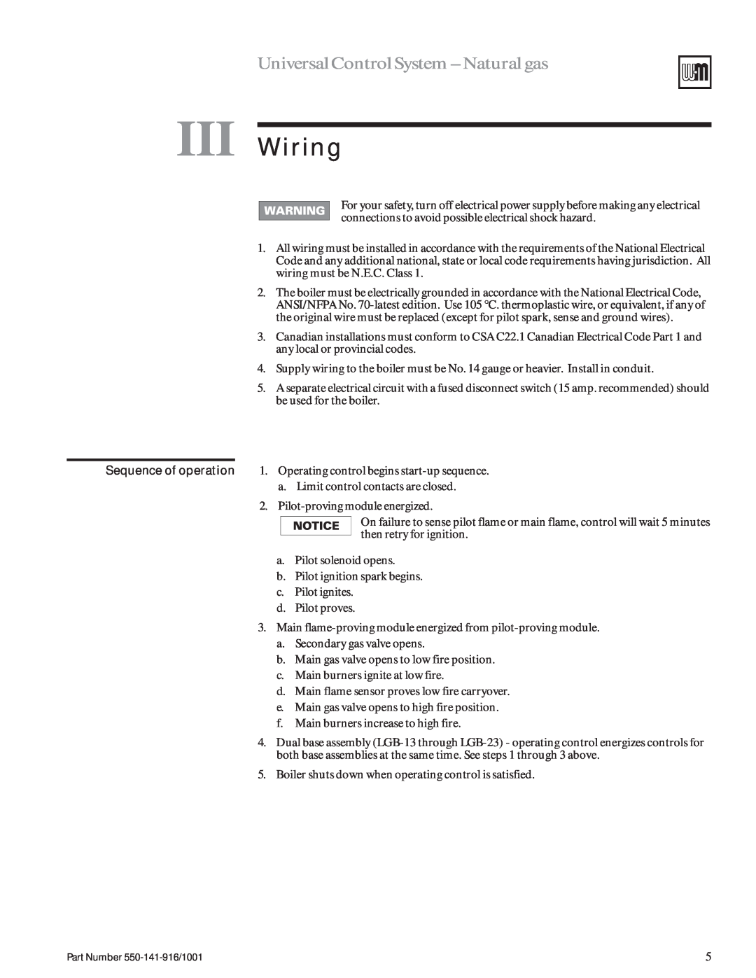 Weil-McLain LGB-23 manual III Wiring, Universal Control System - Natural gas 