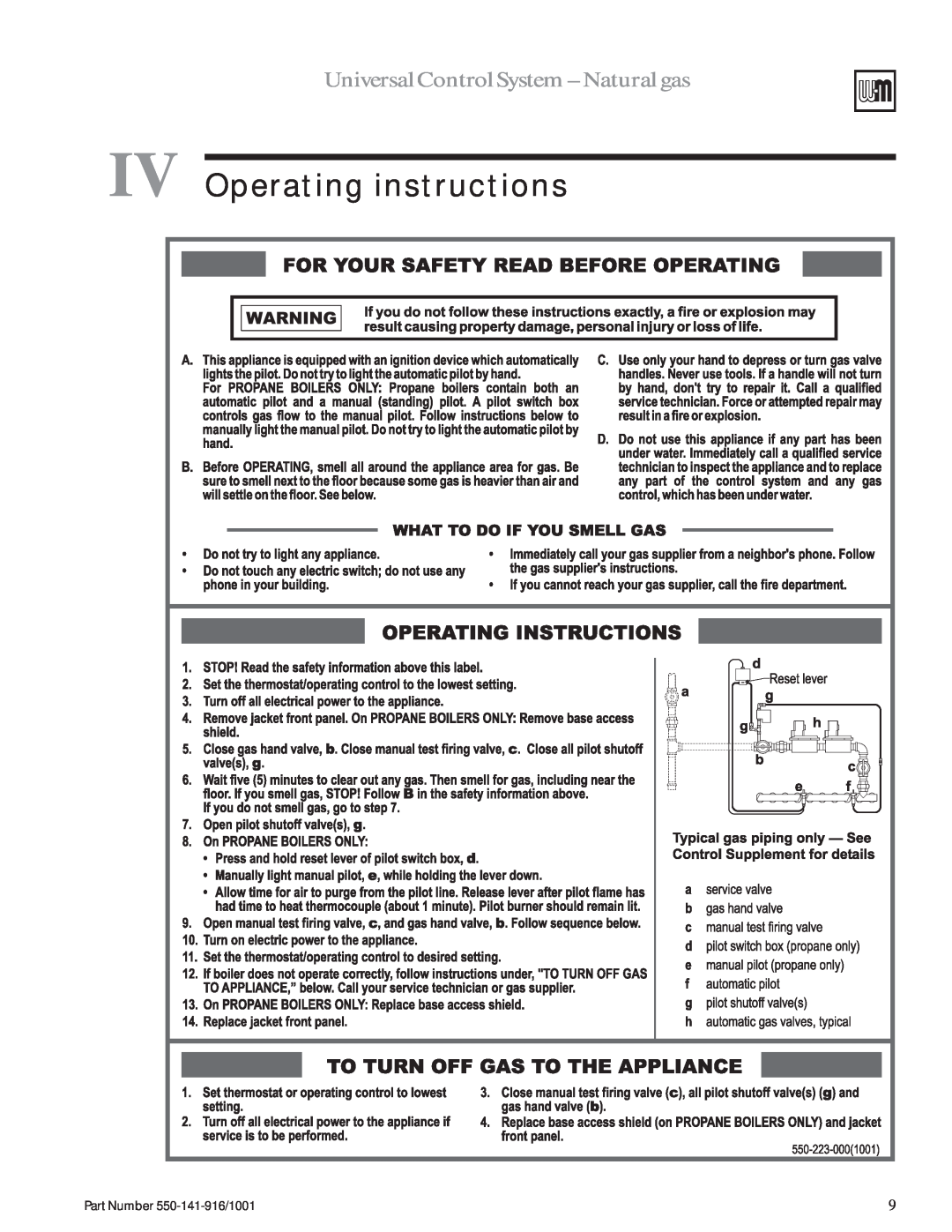 Weil-McLain LGB-23 manual IV Operating instructions, Universal Control System - Natural gas, Part Number 550-141-916/1001 