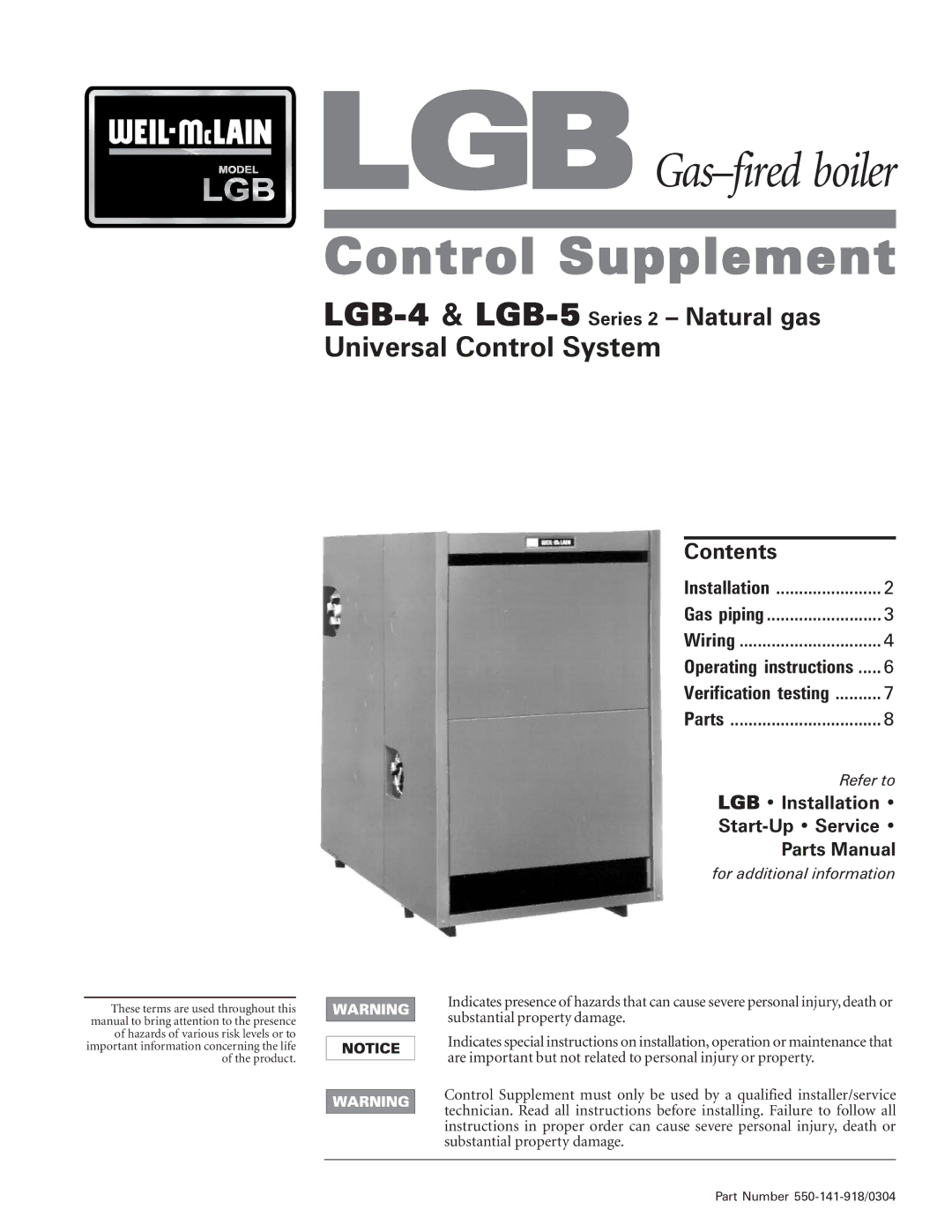 Weil-McLain operating instructions LGB-4 & LGB-5 Series 2 Natural gas, Contents 