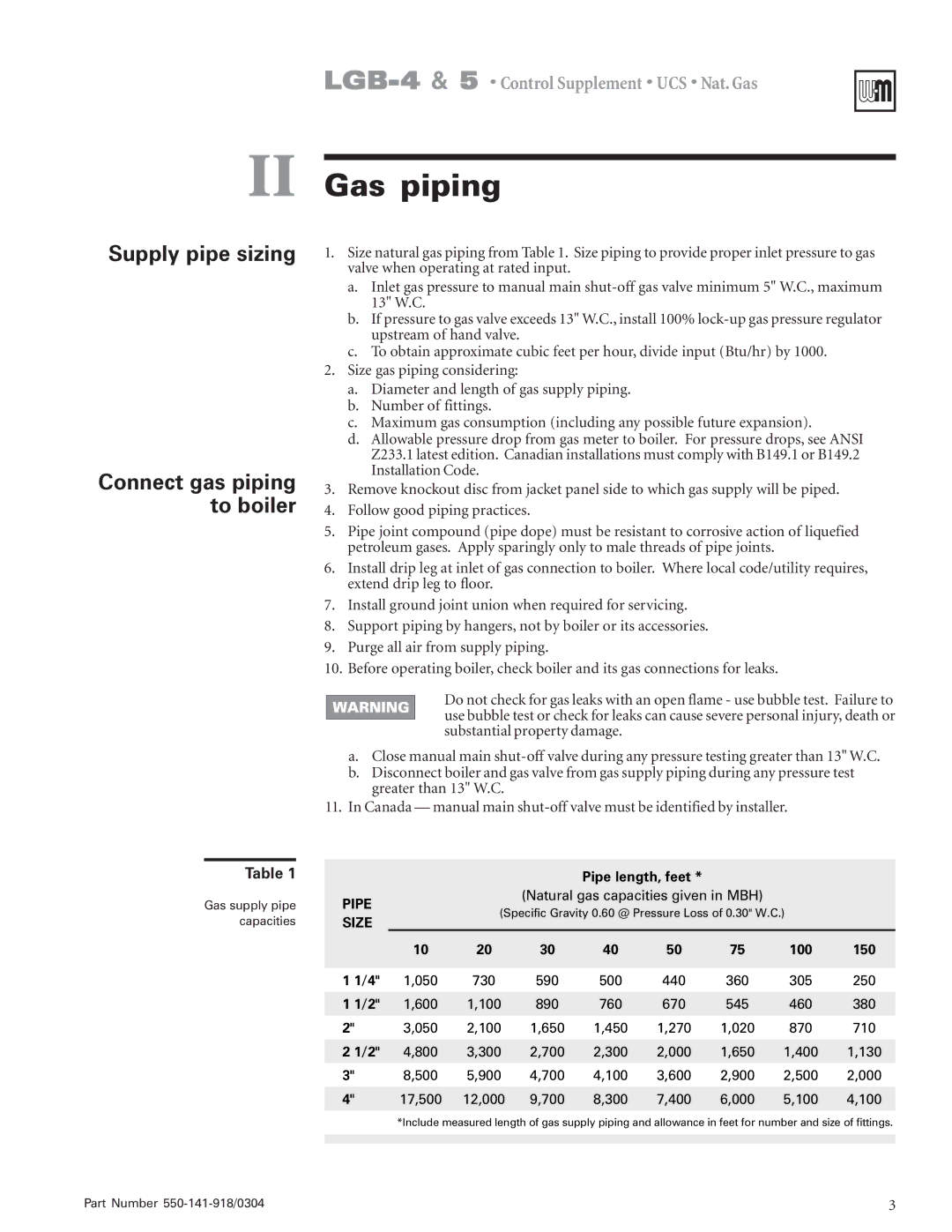 Weil-McLain LGB-4, LGB-5 operating instructions II Gas piping, Supply pipe sizing, Connect gas piping to boiler 