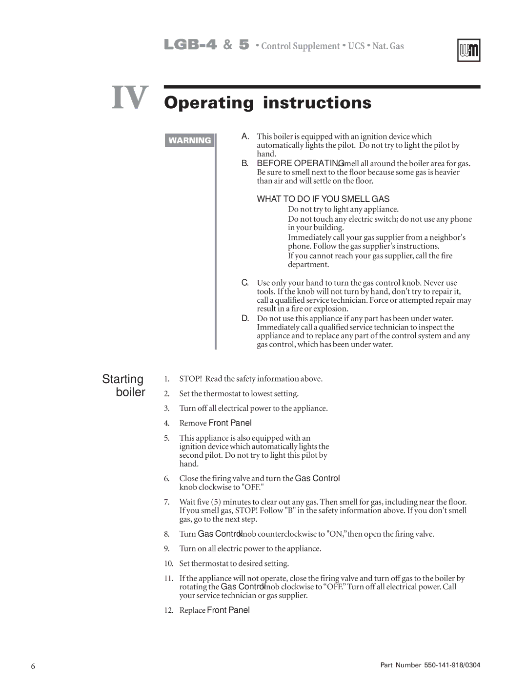 Weil-McLain LGB-5, LGB-4 operating instructions IV Operating instructions, Starting boiler 