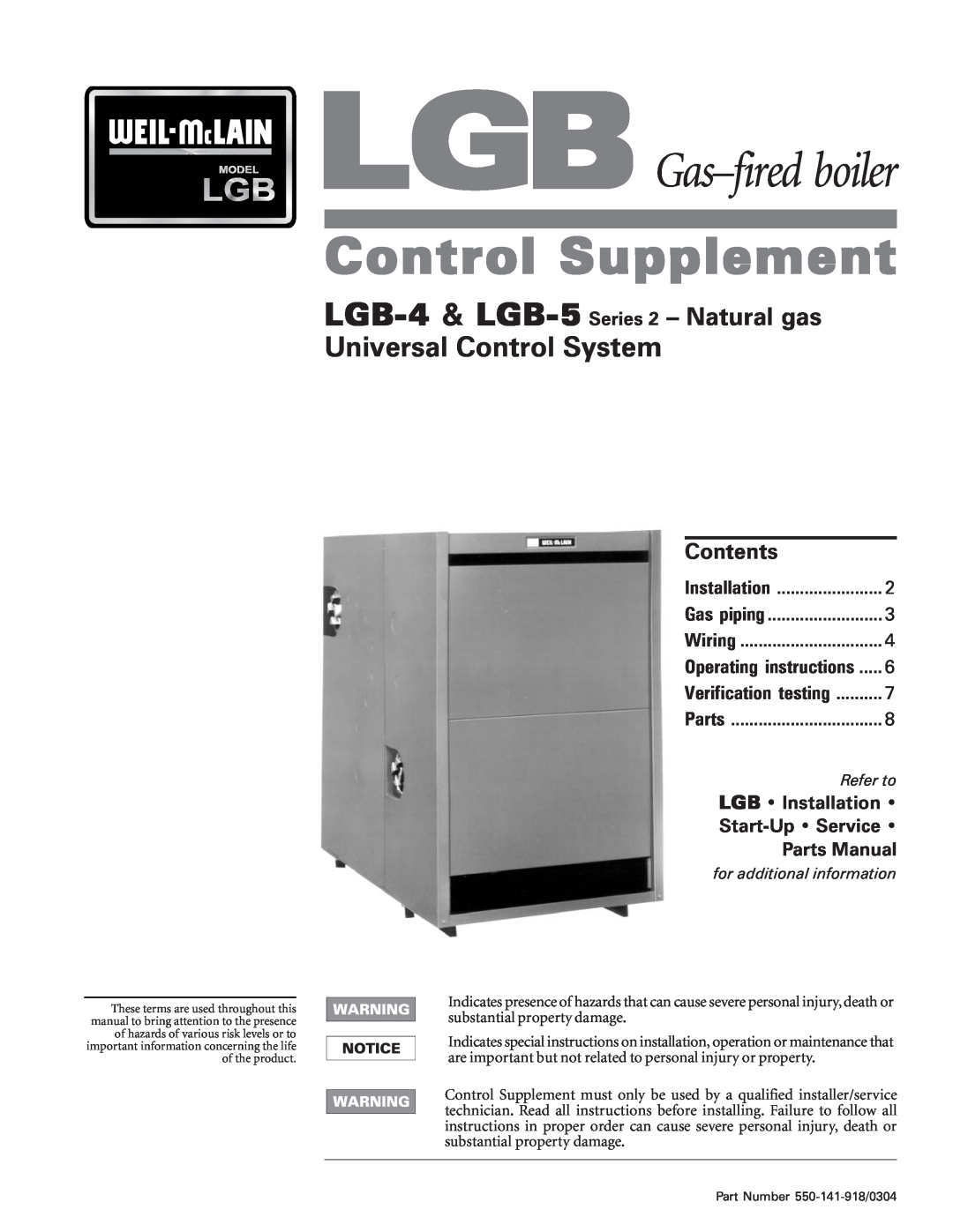 Weil-McLain operating instructions LGB-4& LGB-5 Series 2 - Natural gas, Contents, Installation, Wiring, Parts, Refer to 