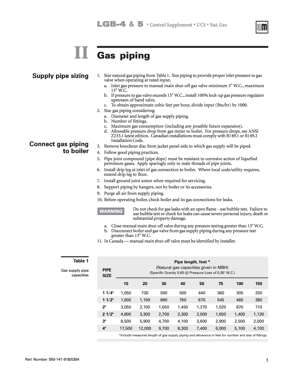 Weil-McLain LGB-4, LGB-5 operating instructions II Gas piping, Supply pipe sizing, Connect gas piping to boiler 