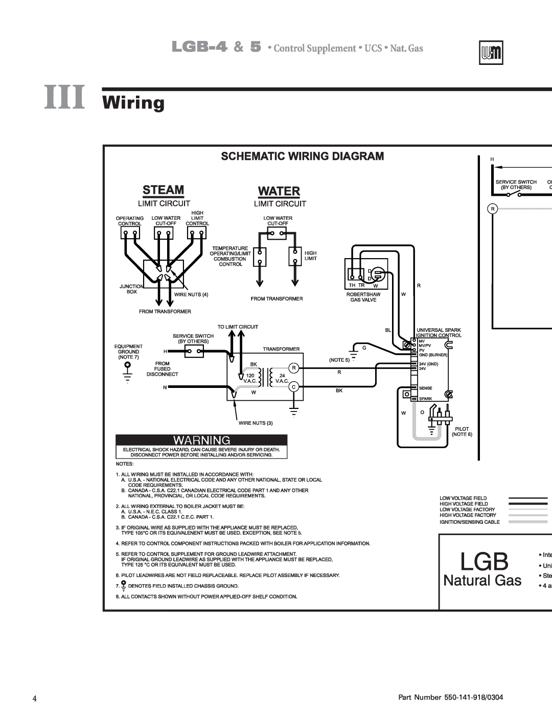 Weil-McLain LGB-5 operating instructions Wiring, LGB-4& 5 Control Supplement UCS Nat. Gas, Part Number 550-141-918/0304 