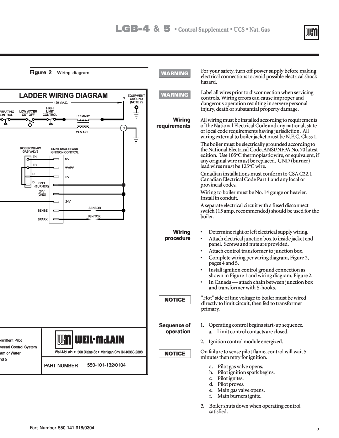 Weil-McLain LGB-5 Wiring requirements, Sequence of operation, LGB-4& 5 Control Supplement UCS Nat. Gas 