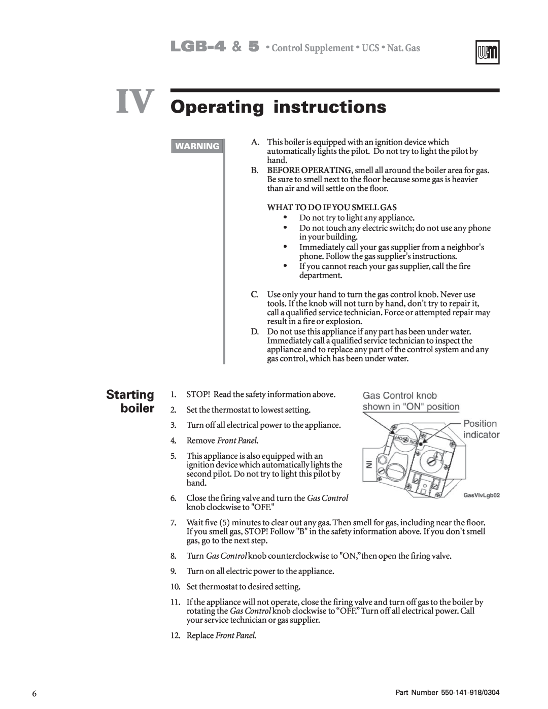 Weil-McLain LGB-5, LGB-4 IV Operating instructions, Starting boiler, What To Do If You Smell Gas, Remove Front Panel 