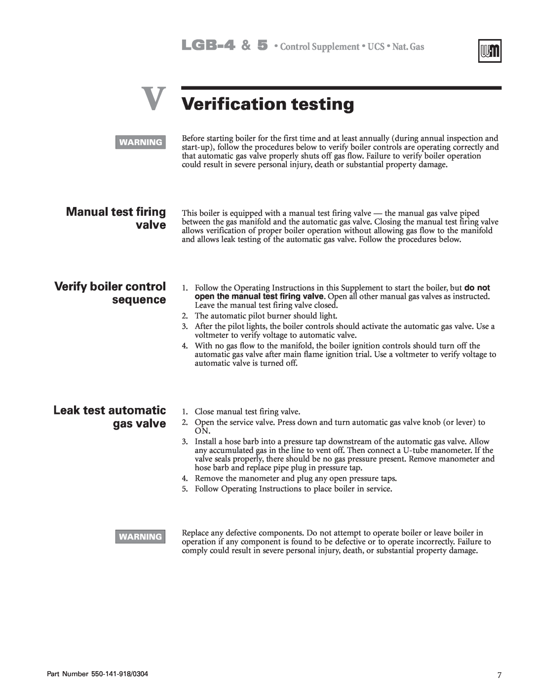 Weil-McLain LGB-4, LGB-5 V Verification testing, Manual test firing valve, Verify boiler control sequence 