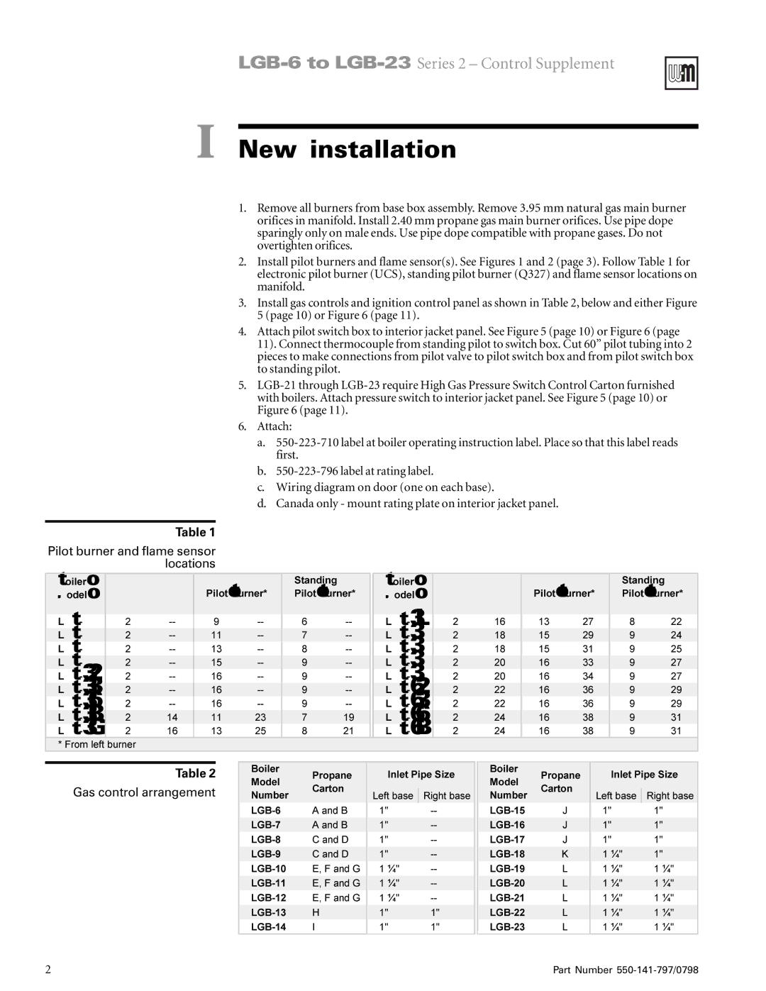 Weil-McLain LGB-8, LGB-7, LGB-14, LGB-20, LGB-13, LGB-15, LGB-12, LGB-17, LGB-10, LGB-16 New installation, Gas control arrangement 