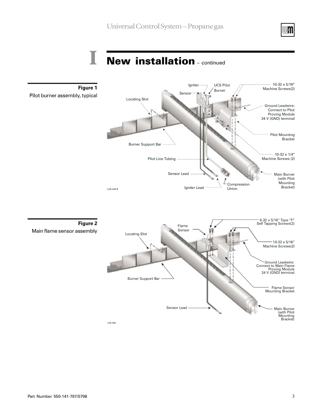 Weil-McLain LGB-20, LGB-7, LGB-14, LGB-8, LGB-13, LGB-15, LGB-12 Pilot burner assembly, typical, Main flame sensor assembly 