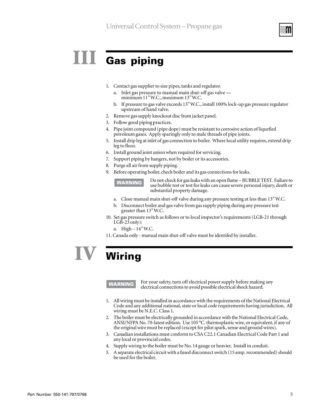 Weil-McLain LGB-15, LGB-7, LGB-14, LGB-8, LGB-20, LGB-13, LGB-12, LGB-17, LGB-10, LGB-16, LGB-11, LGB-18 III Gas piping, IV Wiring 