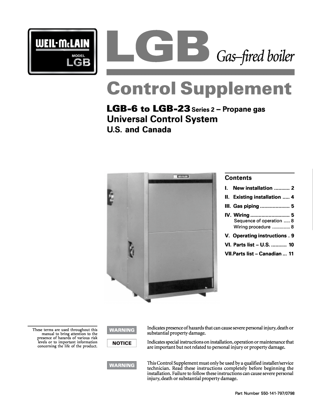 Weil-McLain LGB-14 manual V. Operating instructions, VI. Parts list - U.S, LGBGas-firedboiler, Universal Control System 