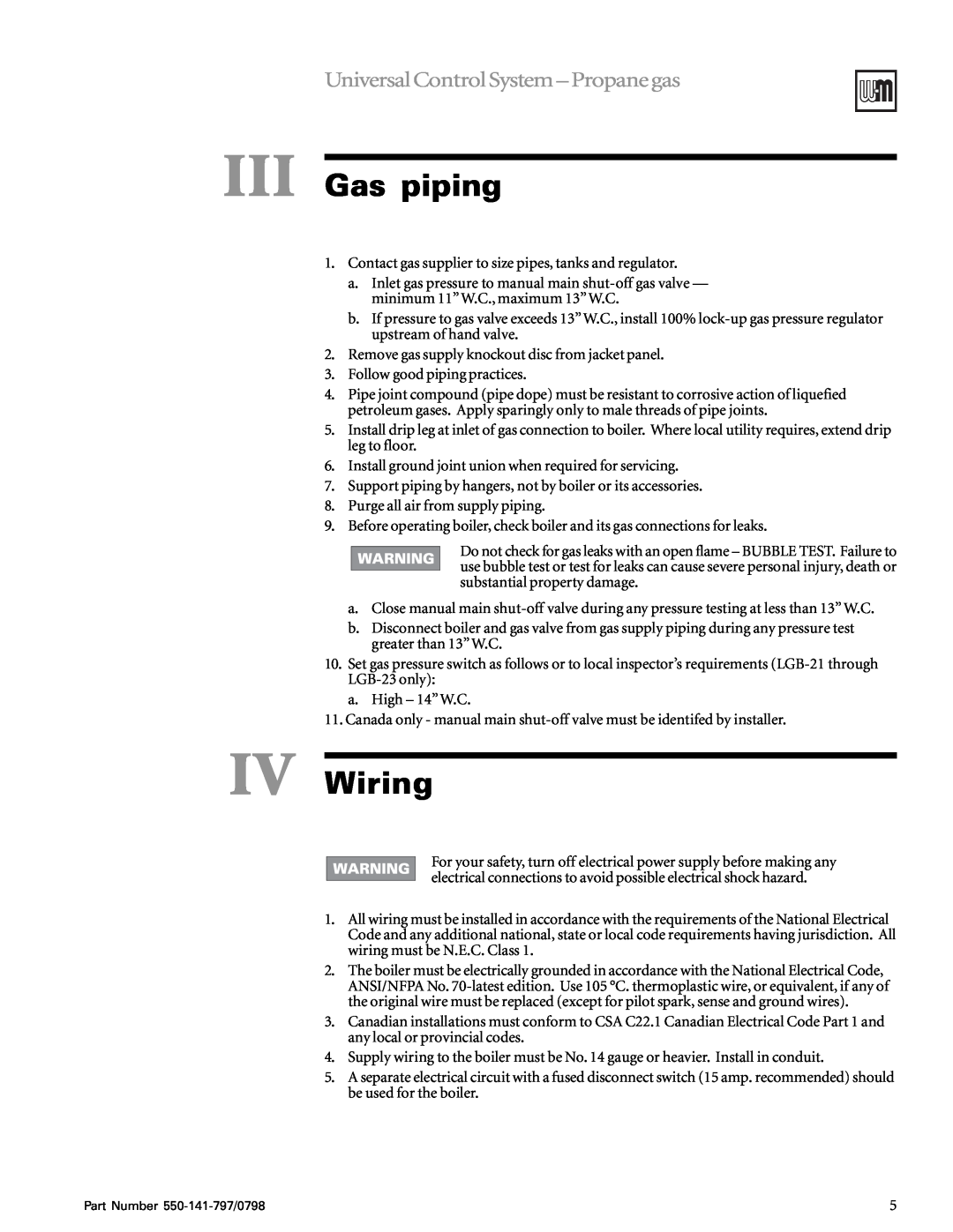 Weil-McLain LGB-15, LGB-7, LGB-14, LGB-8, LGB-20, LGB-13 III Gas piping, IV Wiring, Universal Control System - Propane gas 