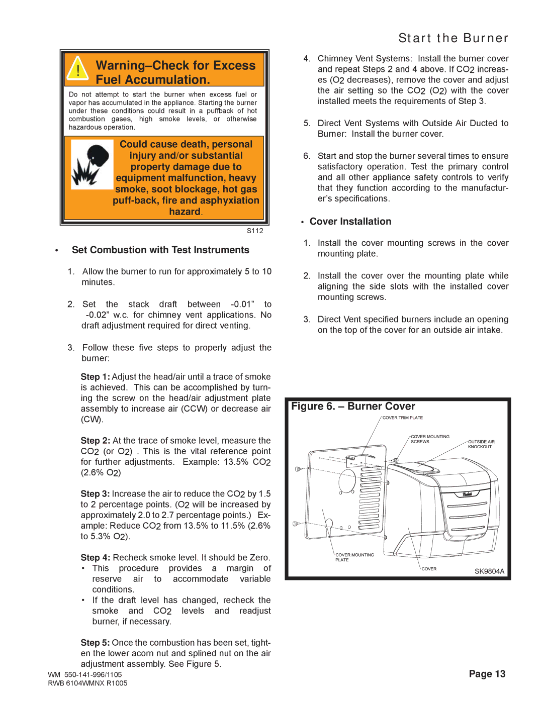 Weil-McLain NX manual Set Combustion with Test Instruments, Cover Installation 