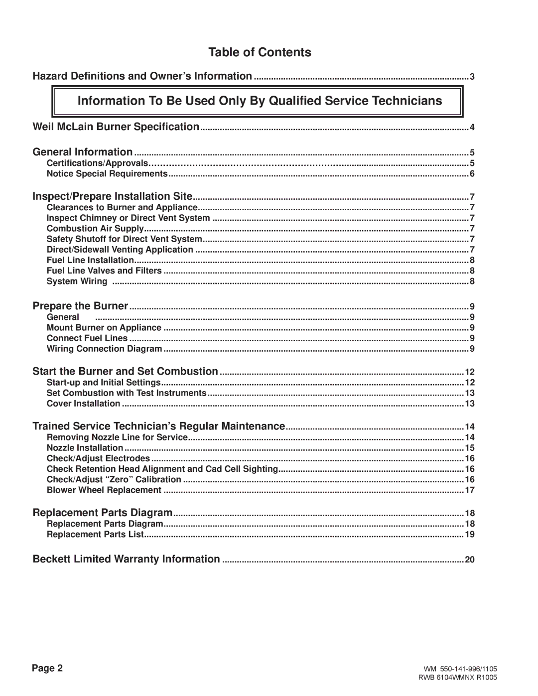 Weil-McLain NX manual Table of Contents, Information To Be Used Only By Qualiﬁed Service Technicians 