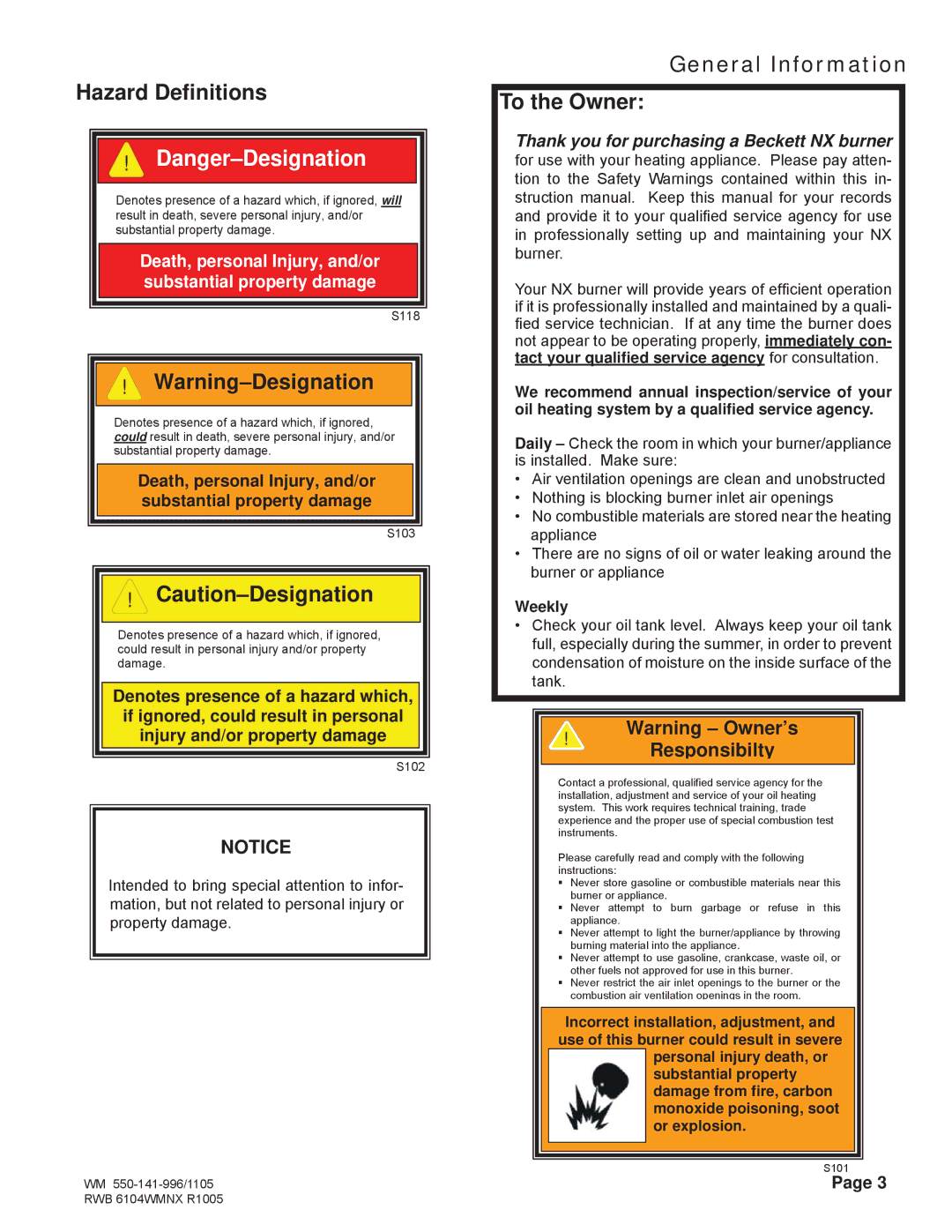 Weil-McLain NX manual Hazard Deﬁnitions, General Information To the Owner, Responsibilty 