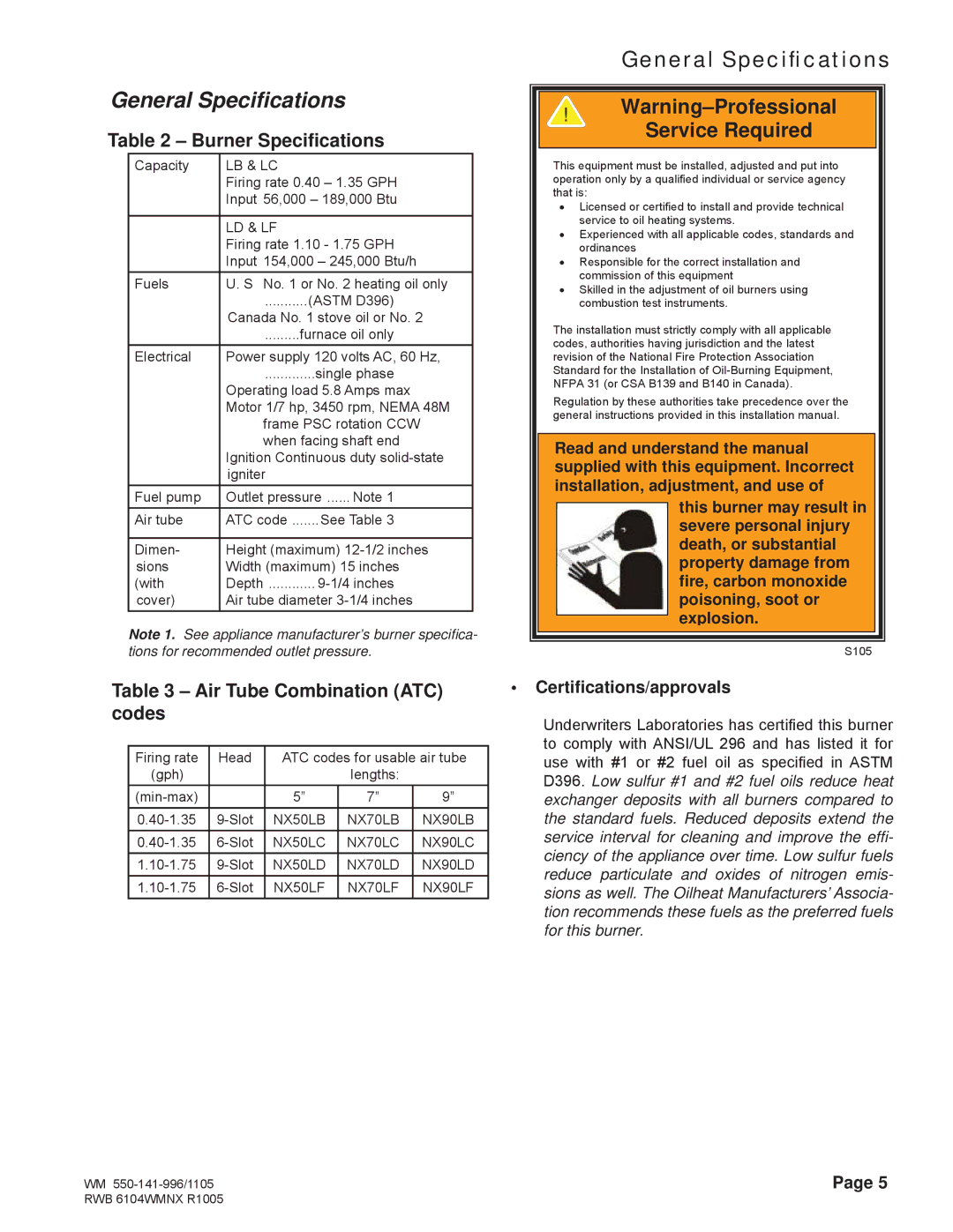 Weil-McLain NX manual General Speciﬁcations, Burner Speciﬁcations, Air Tube Combination ATC codes, Certiﬁcations/approvals 