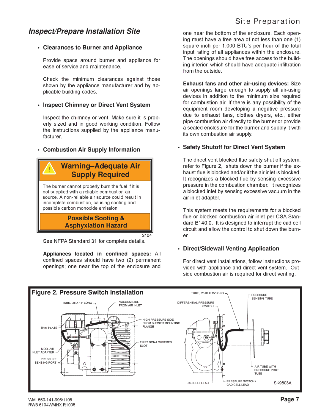 Weil-McLain NX Inspect/Prepare Installation Site, Site Preparation, Supply Required, Possible Sooting Asphyxiation Hazard 