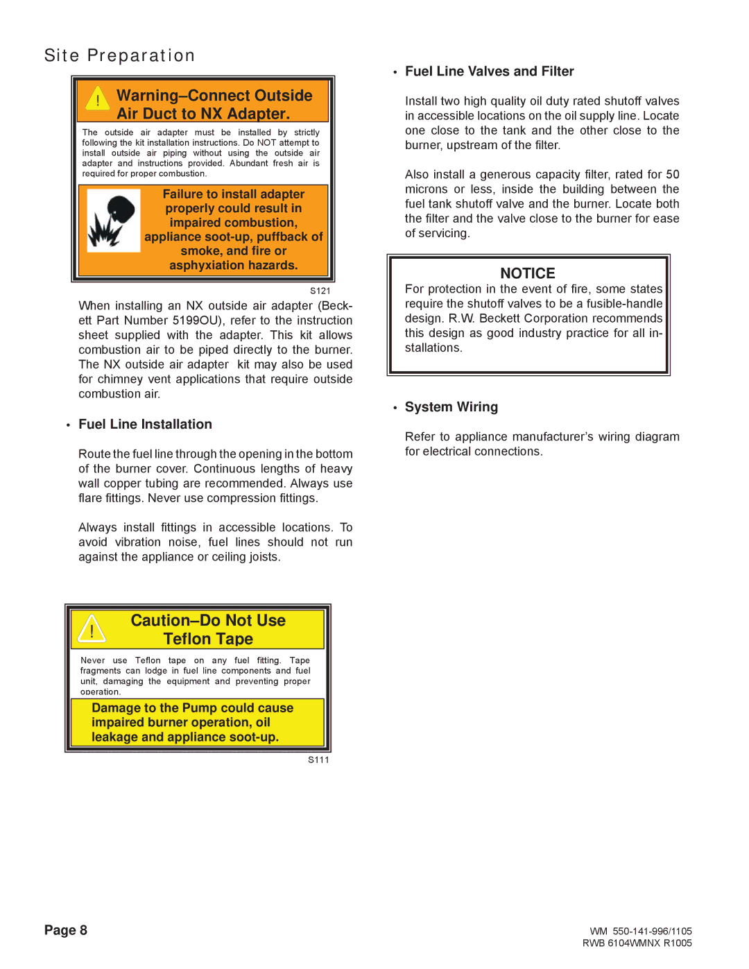 Weil-McLain NX manual Fuel Line Installation, Fuel Line Valves and Filter, System Wiring 