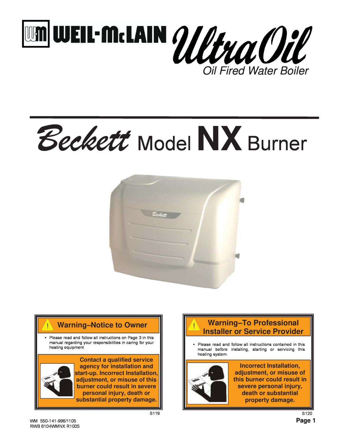 Weil-McLain manual Warning-Noticeto Owner, Page, Incorrect Installation, Beckett Model NX Burner 