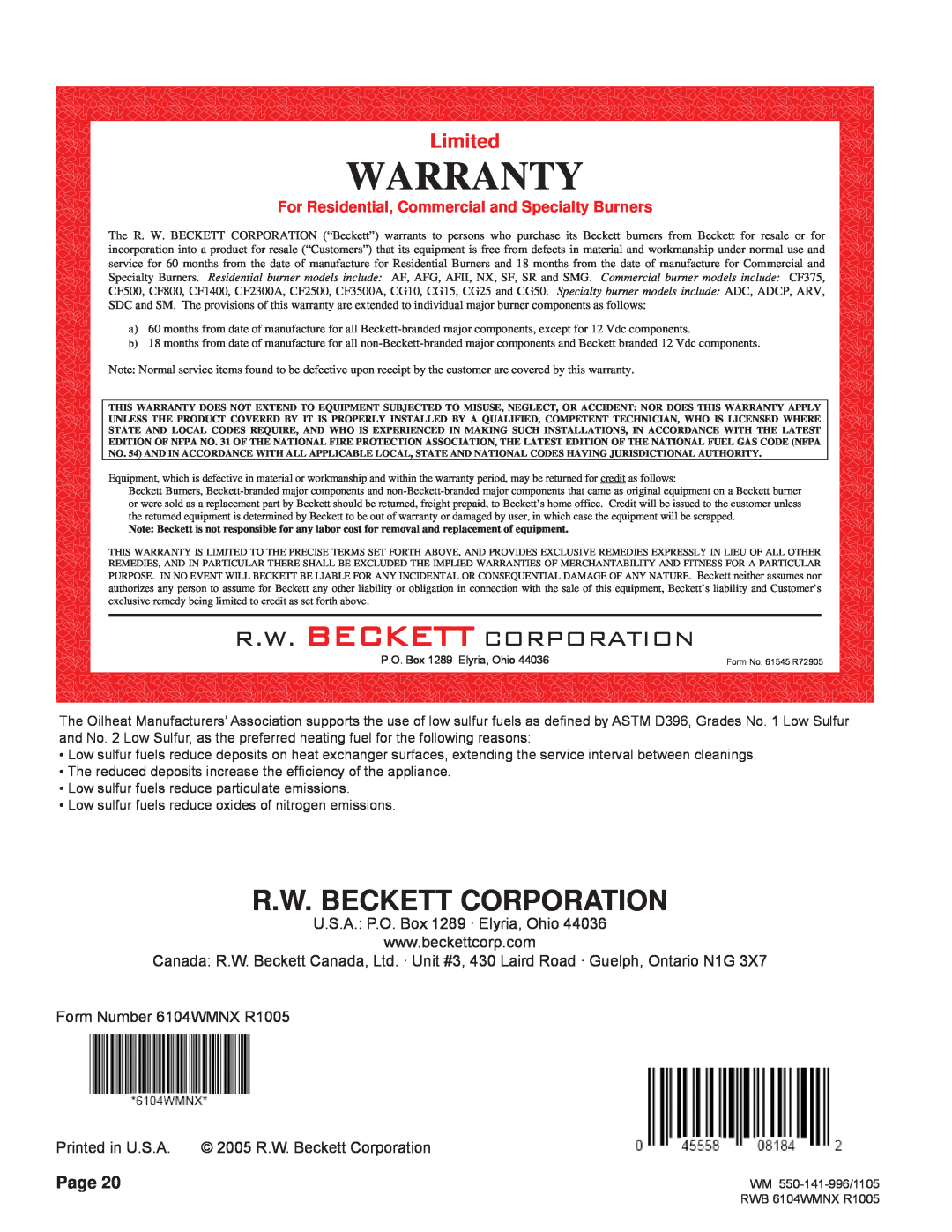 Weil-McLain NX manual Warranty, R.W. Beckett Corporation, Limited, Page, For Residential, Commercial and Specialty Burners 