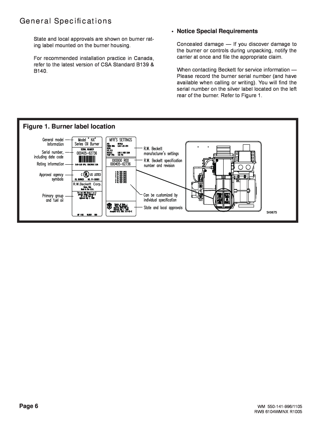 Weil-McLain NX manual Burner label location, Notice Special Requirements, General Speciﬁcations, Page 