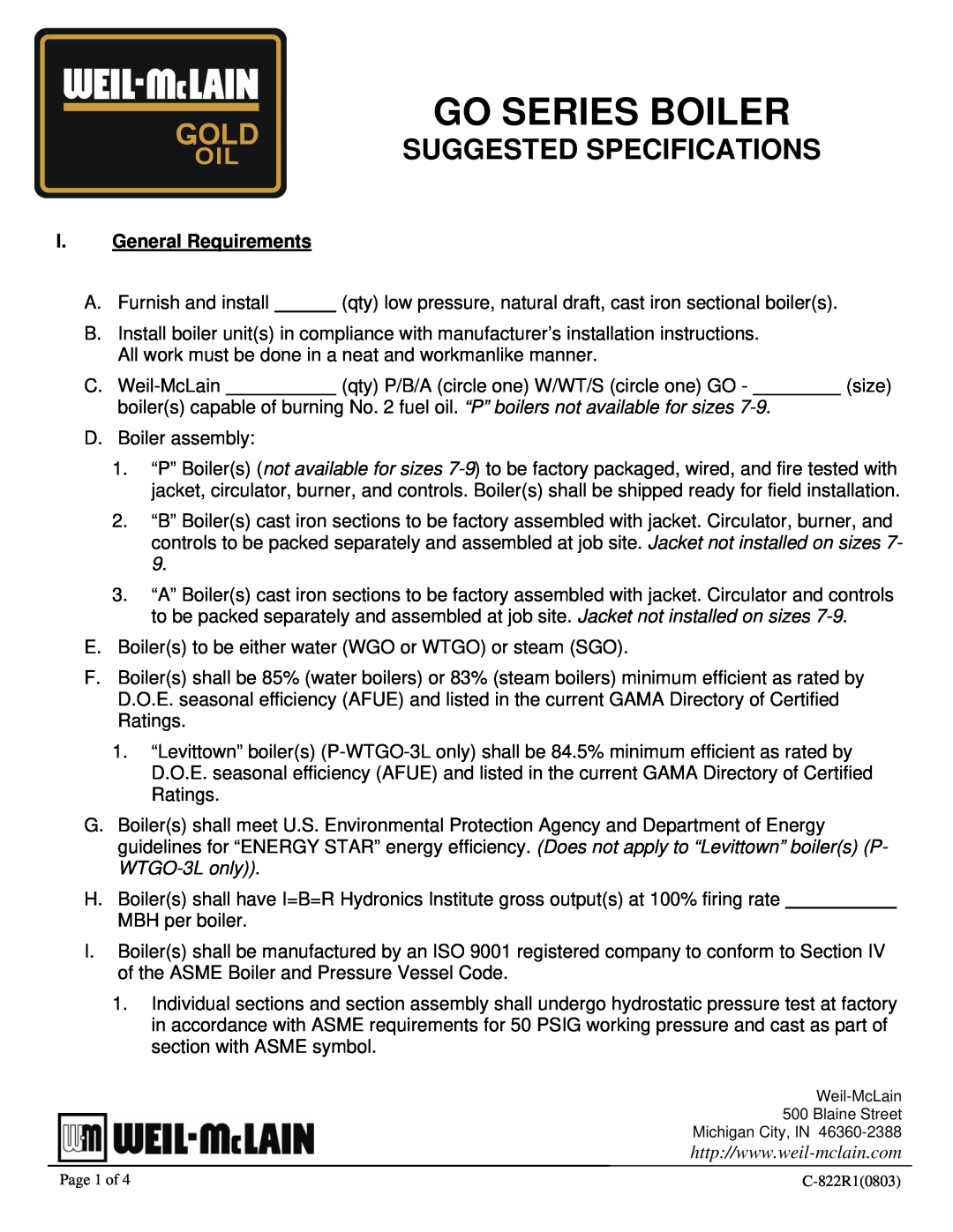 Weil-McLain P-SGO specifications I.General Requirements, Go Series Boiler, Suggested Specifications 