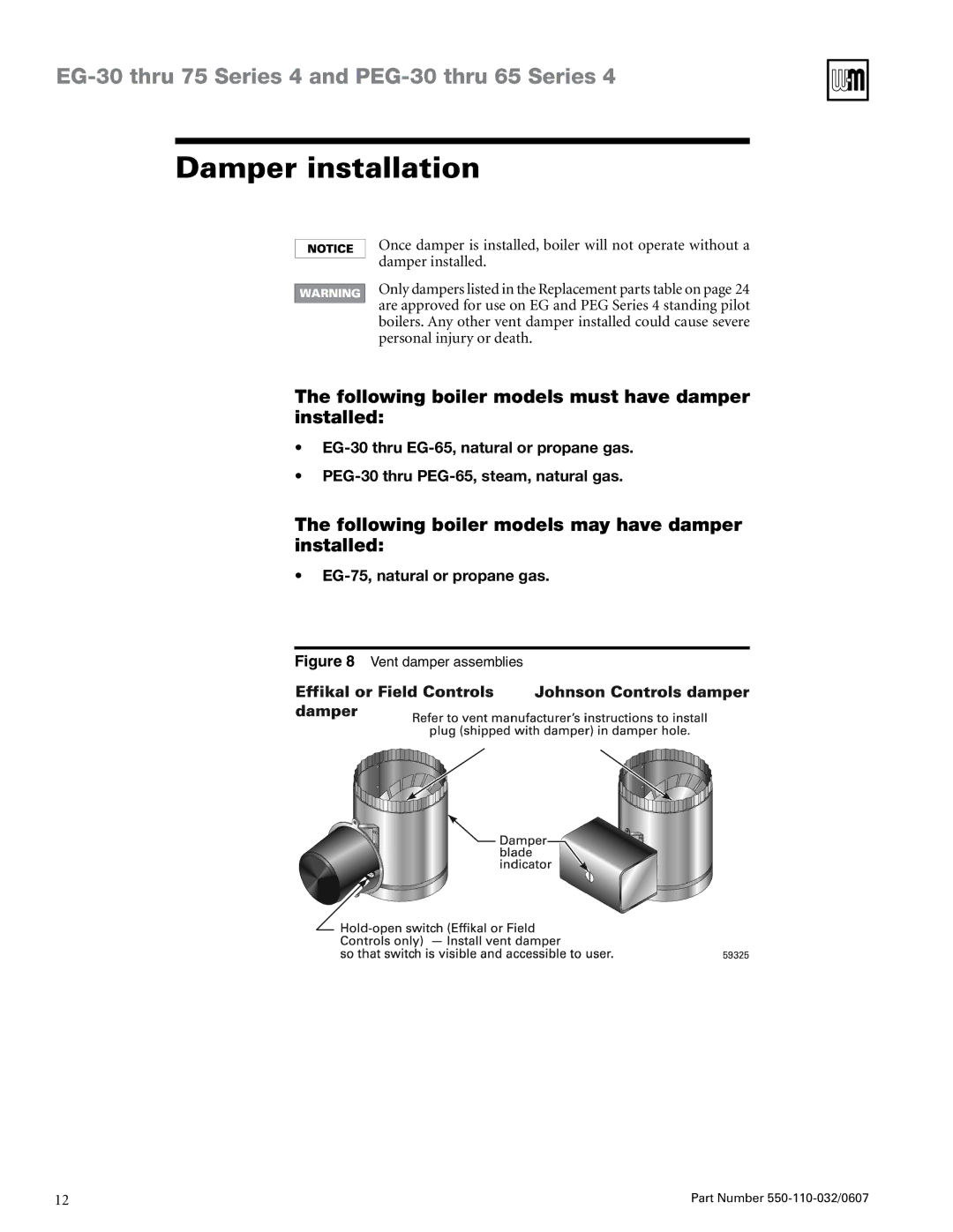 Weil-McLain PEG-30 THRU -65, EG-30 THRU -75 manual Damper installation, Following boiler models must have damper installed 