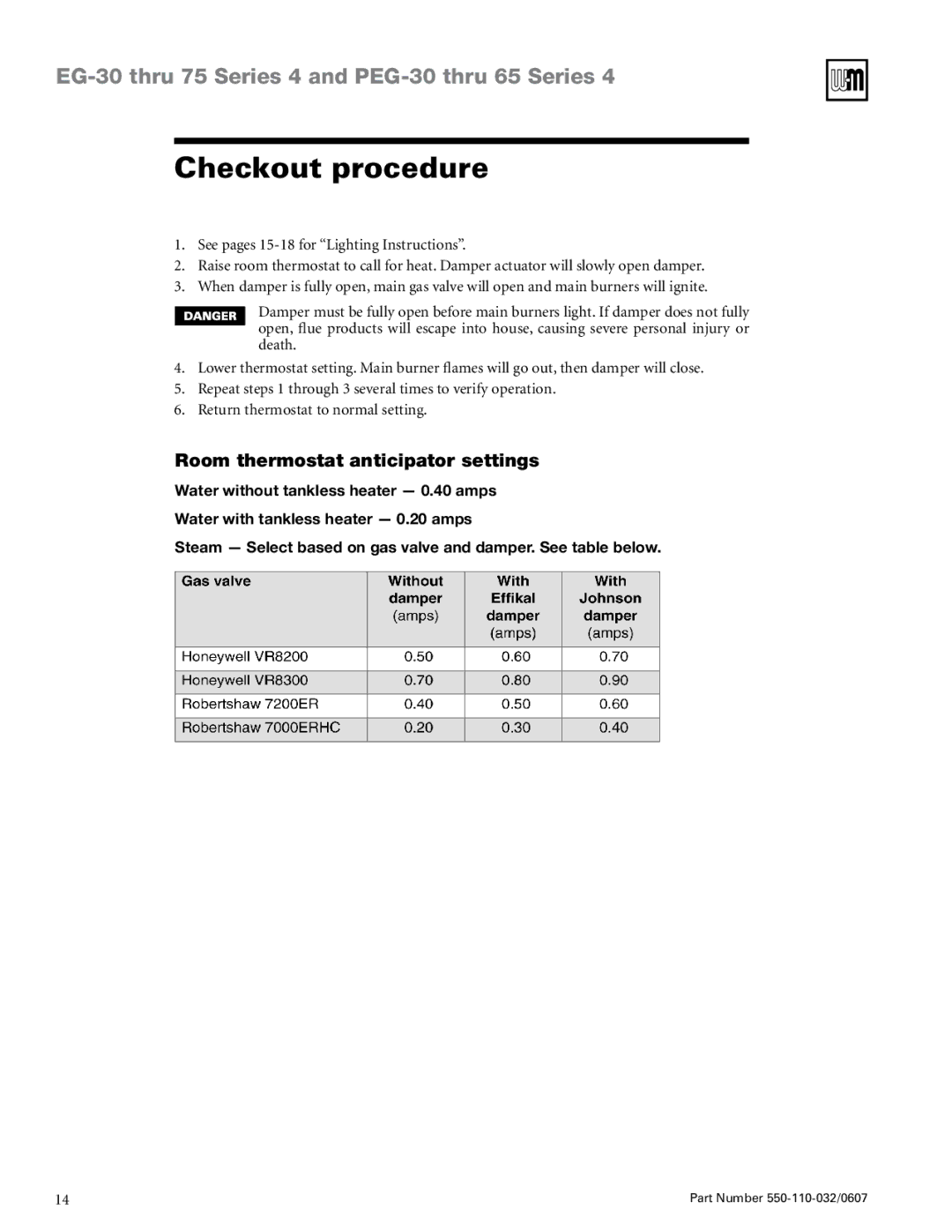 Weil-McLain PEG-30 THRU -65, EG-30 THRU -75 manual Checkout procedure, Room thermostat anticipator settings 