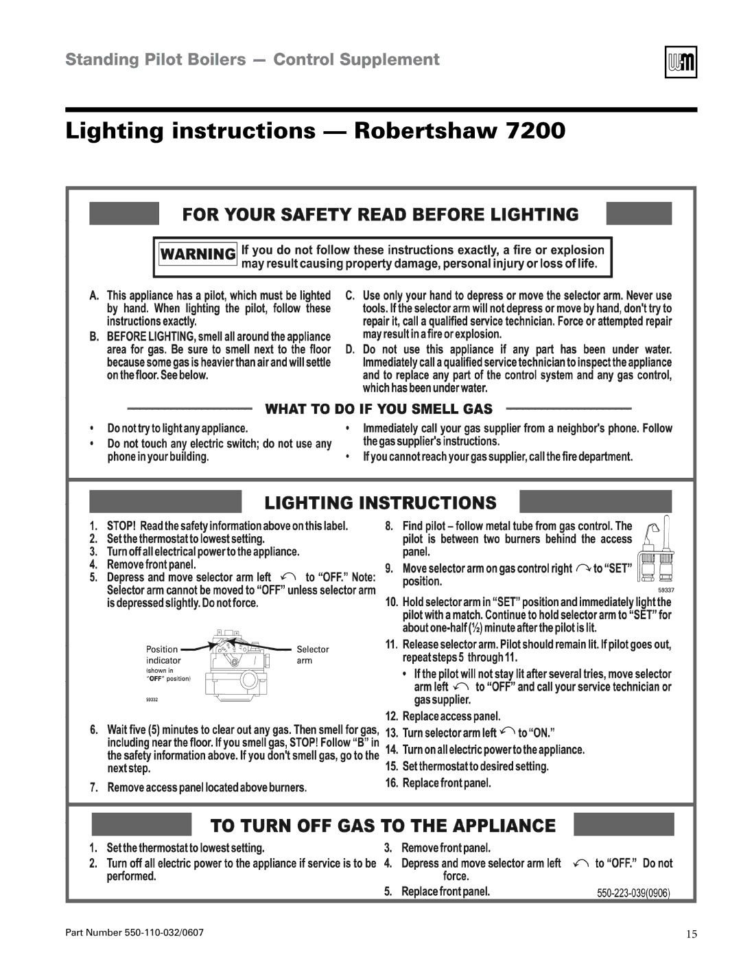 Weil-McLain EG-30 THRU -75, PEG-30 THRU -65 manual Lighting instructions Robertshaw 