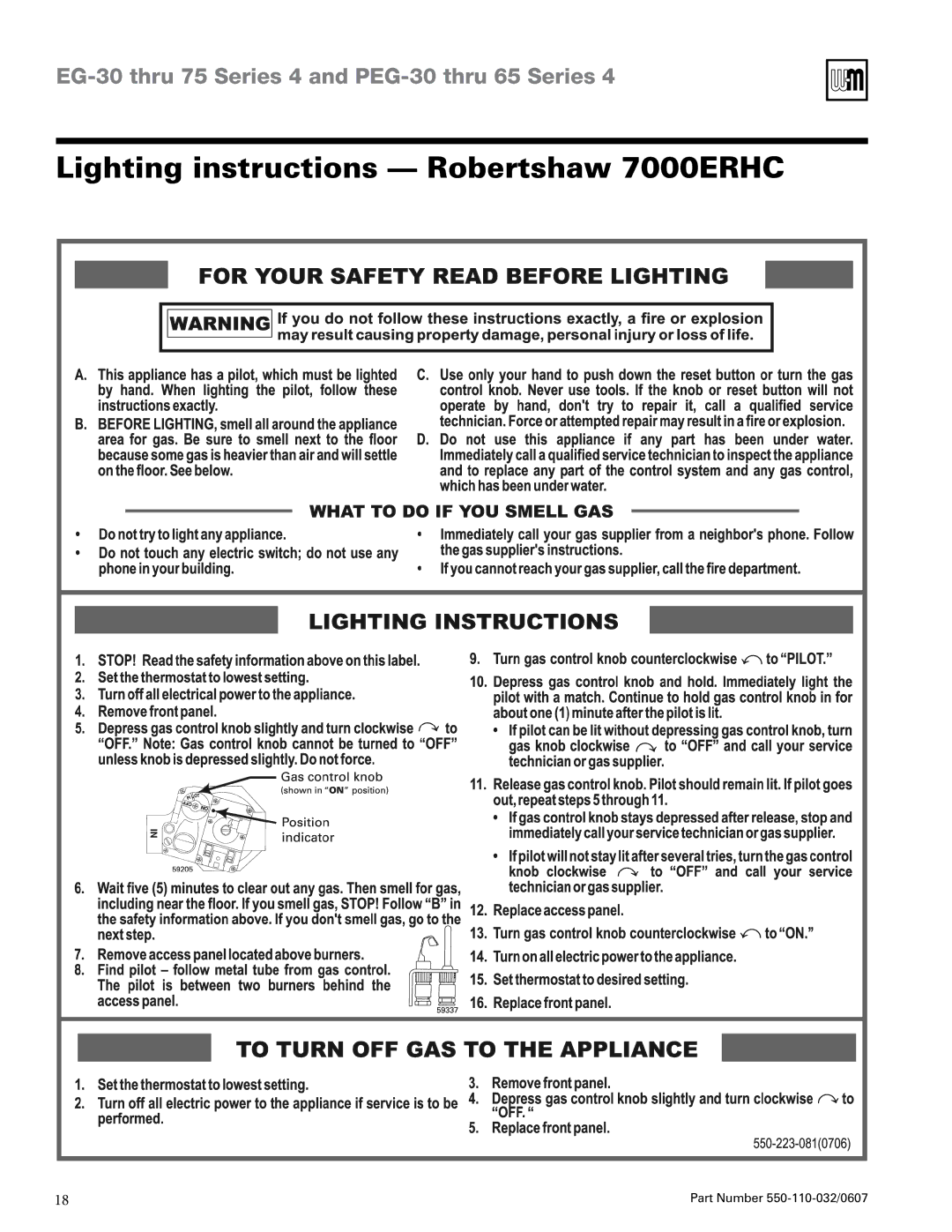 Weil-McLain PEG-30 THRU -65, EG-30 THRU -75 manual Lighting instructions Robertshaw 7000ERHC 