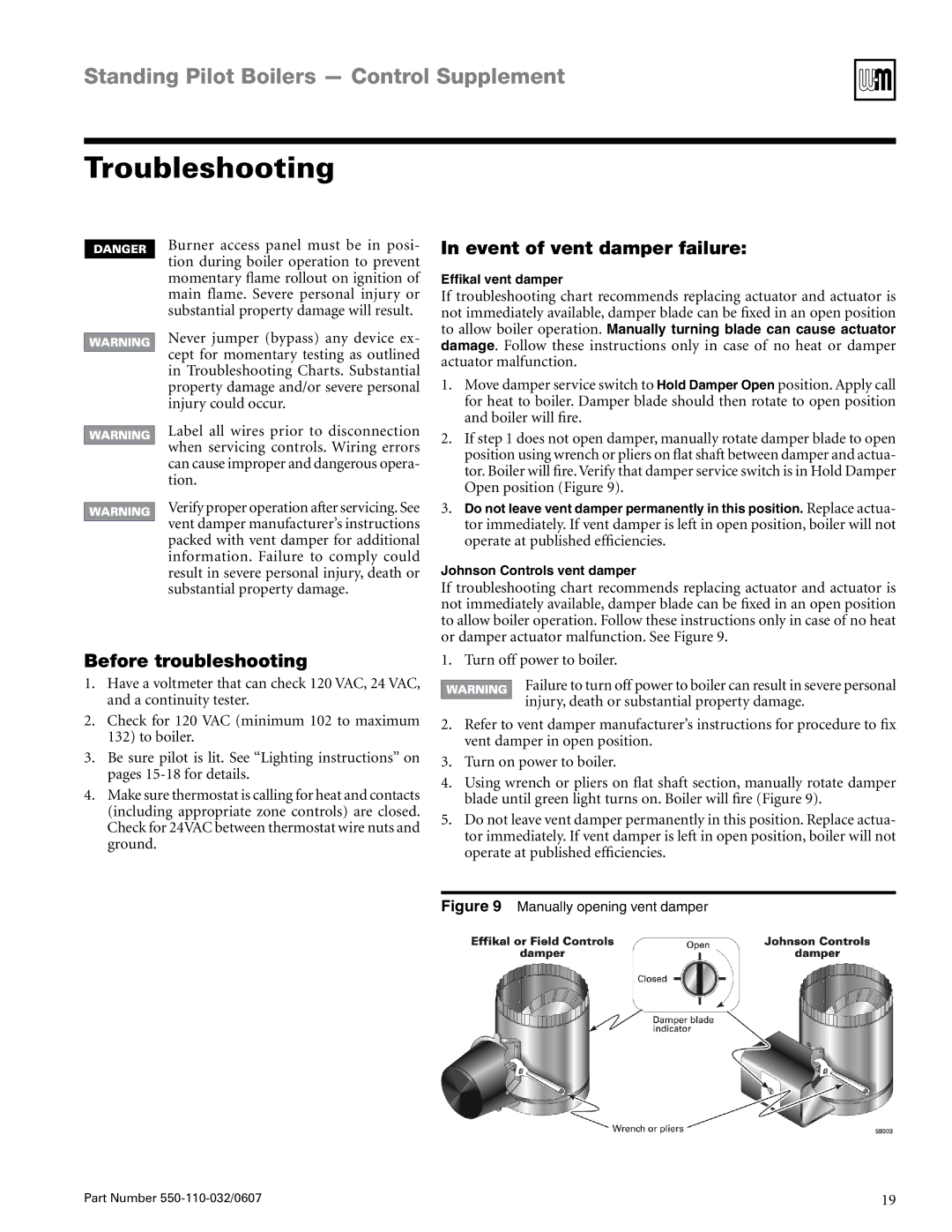 Weil-McLain EG-30 THRU -75, PEG-30 THRU -65 manual Troubleshooting, Before troubleshooting, Event of vent damper failure 