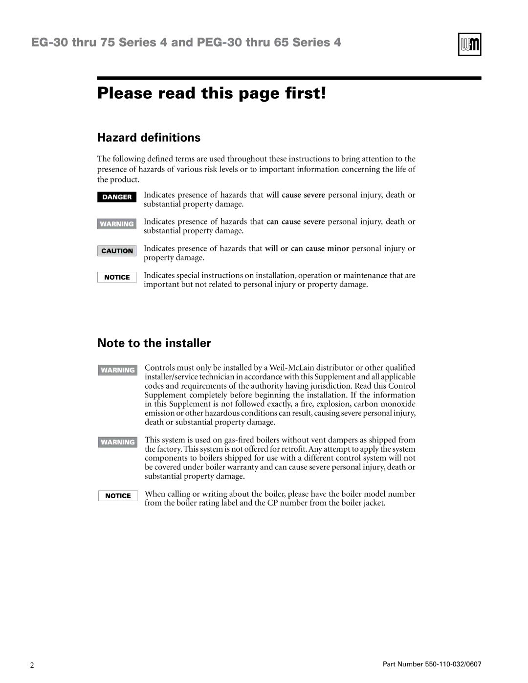 Weil-McLain PEG-30 THRU -65, EG-30 THRU -75 manual Please read this page first, Hazard definitions 