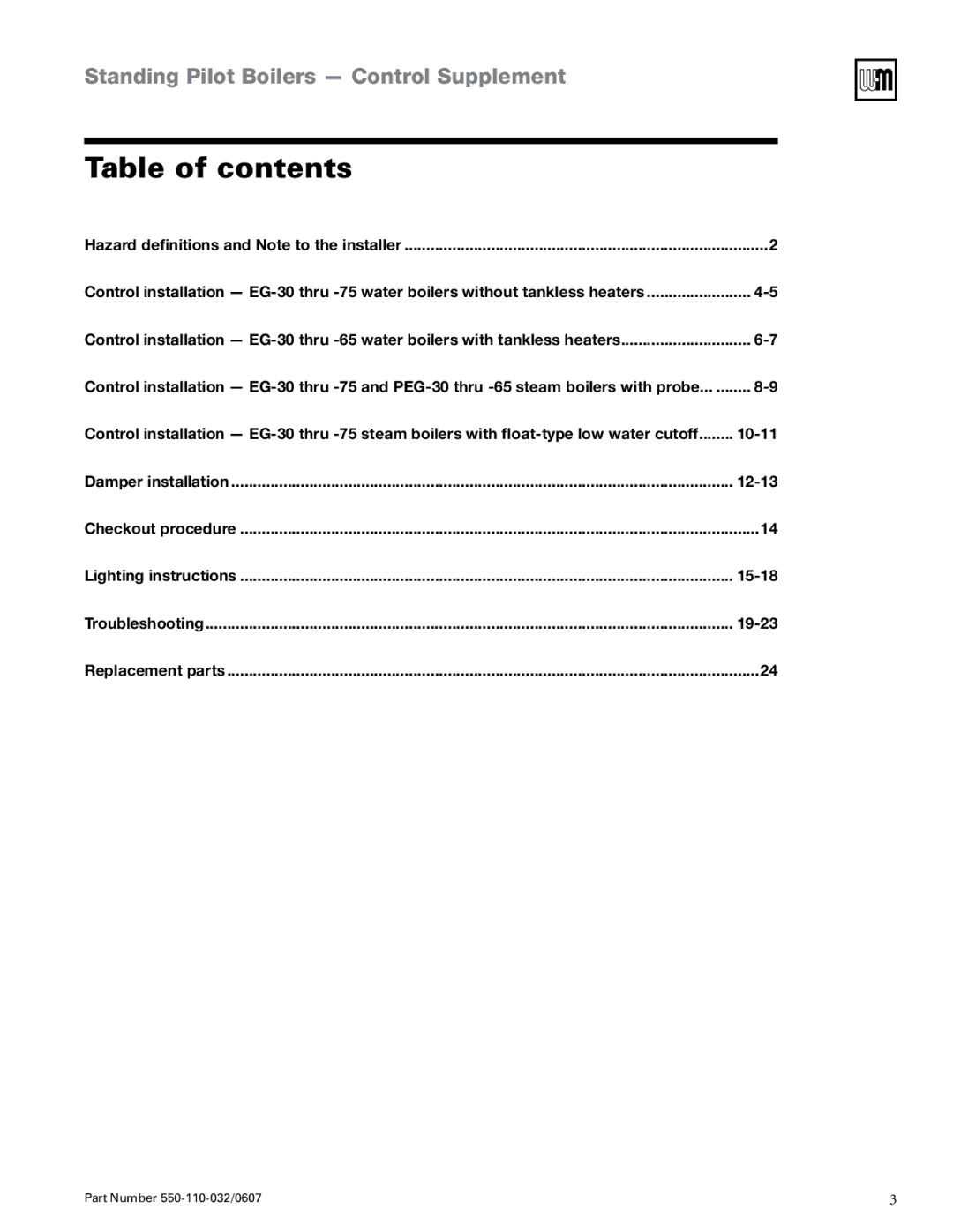 Weil-McLain EG-30 THRU -75, PEG-30 THRU -65 manual Table of contents 