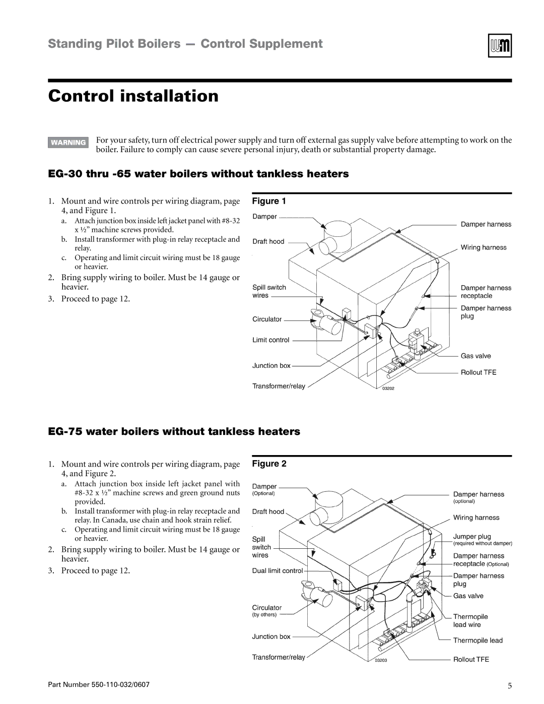 Weil-McLain EG-30 THRU -75, PEG-30 THRU -65 Control installation, EG-30 thru -65 water boilers without tankless heaters 