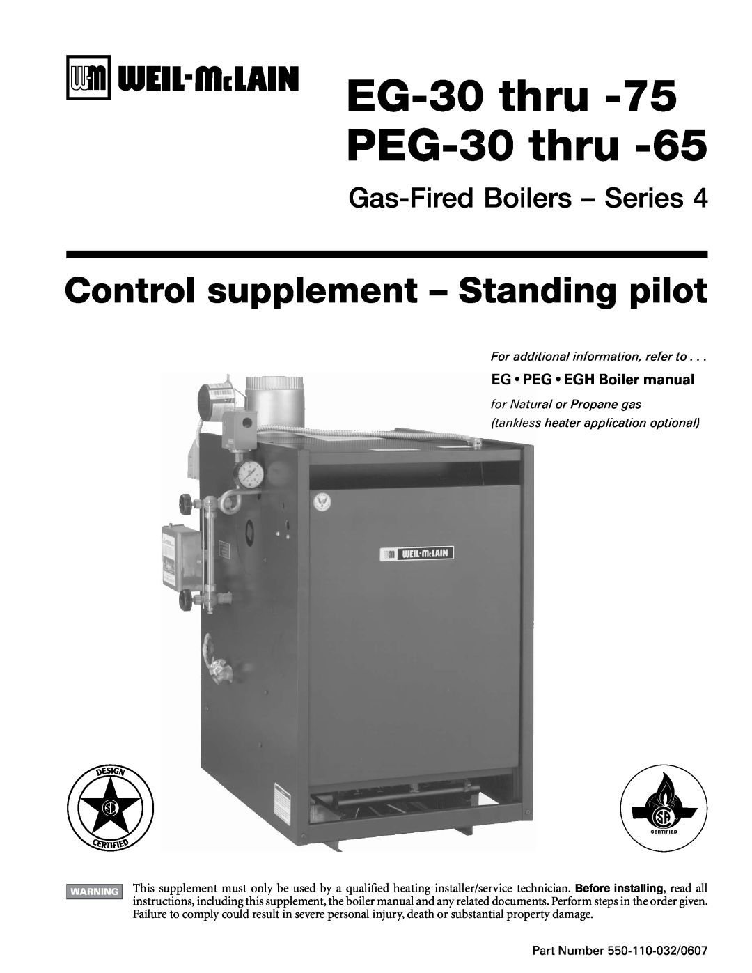 Weil-McLain EG-30 THRU -75 manual EGPEGEGH Boiler manual, EG-30thru PEG-30thru, Control supplement - Standing pilot 