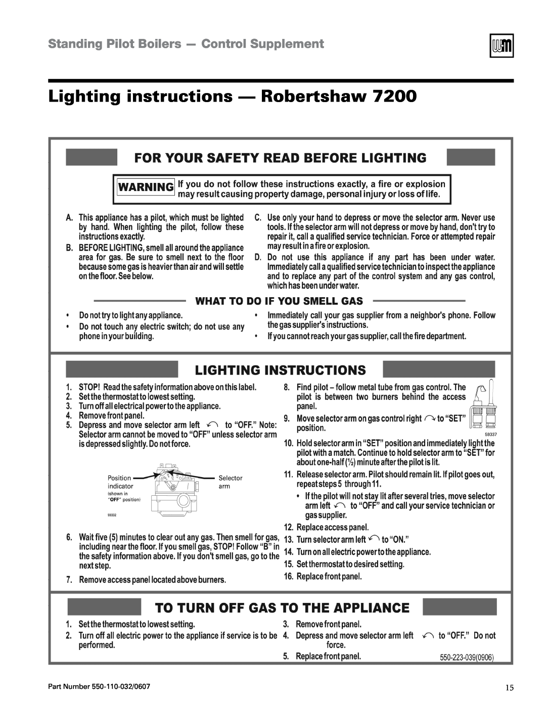 Weil-McLain EG-30 THRU -75 manual Lighting instructions - Robertshaw, Standing Pilot Boilers - Control Supplement 