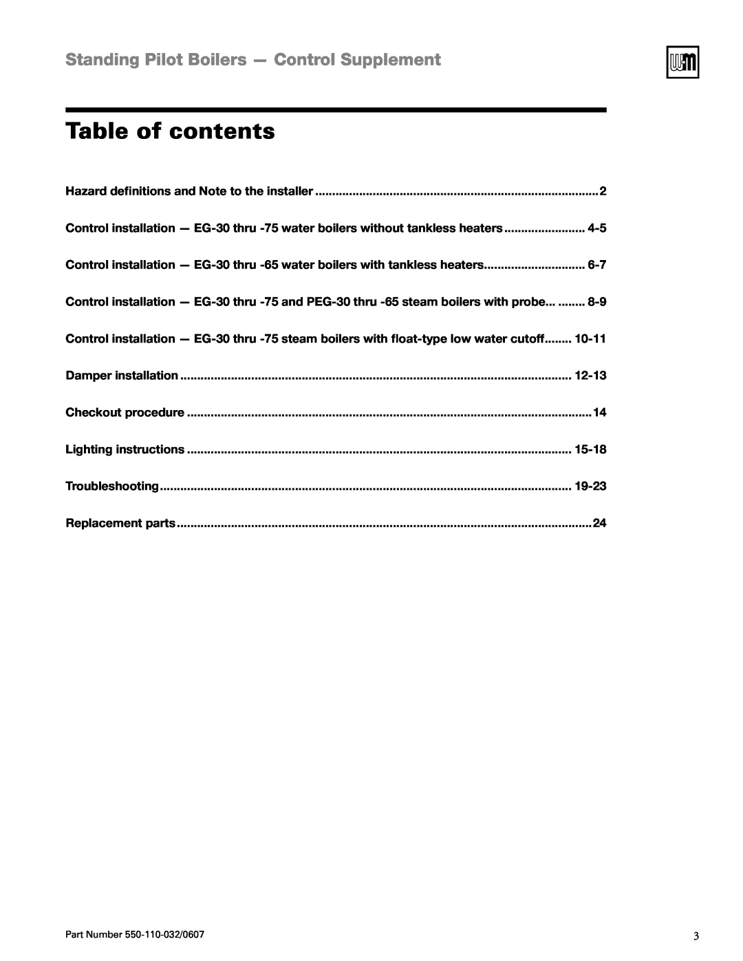 Weil-McLain EG-30 THRU -75 Table of contents, Standing Pilot Boilers - Control Supplement, 10-11, 12-13, 15-18, 19-23 