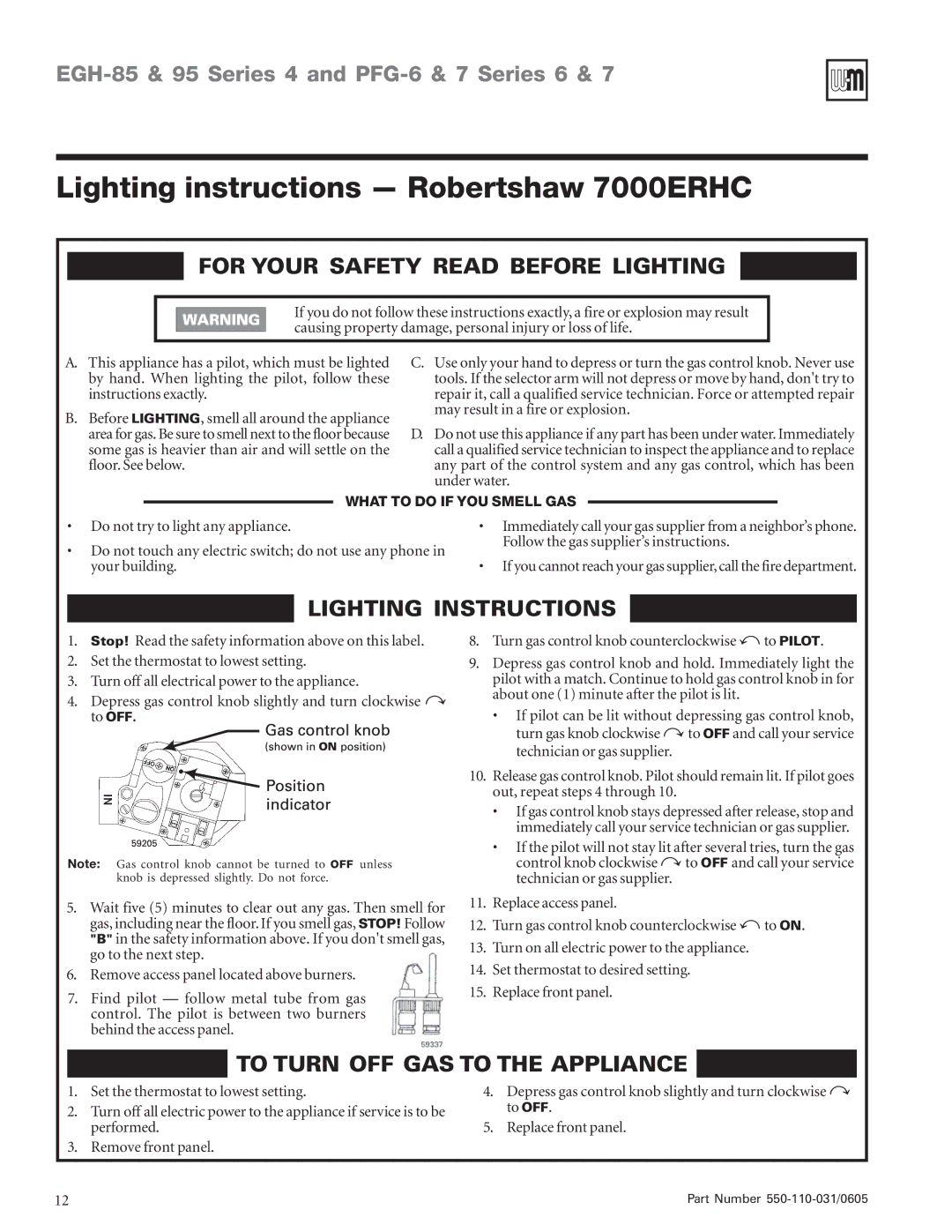 Weil-McLain PFG-6, EGH-95, EGH-85 manual Lighting instructions Robertshaw 7000ERHC, For Your Safety Read Before Lighting 