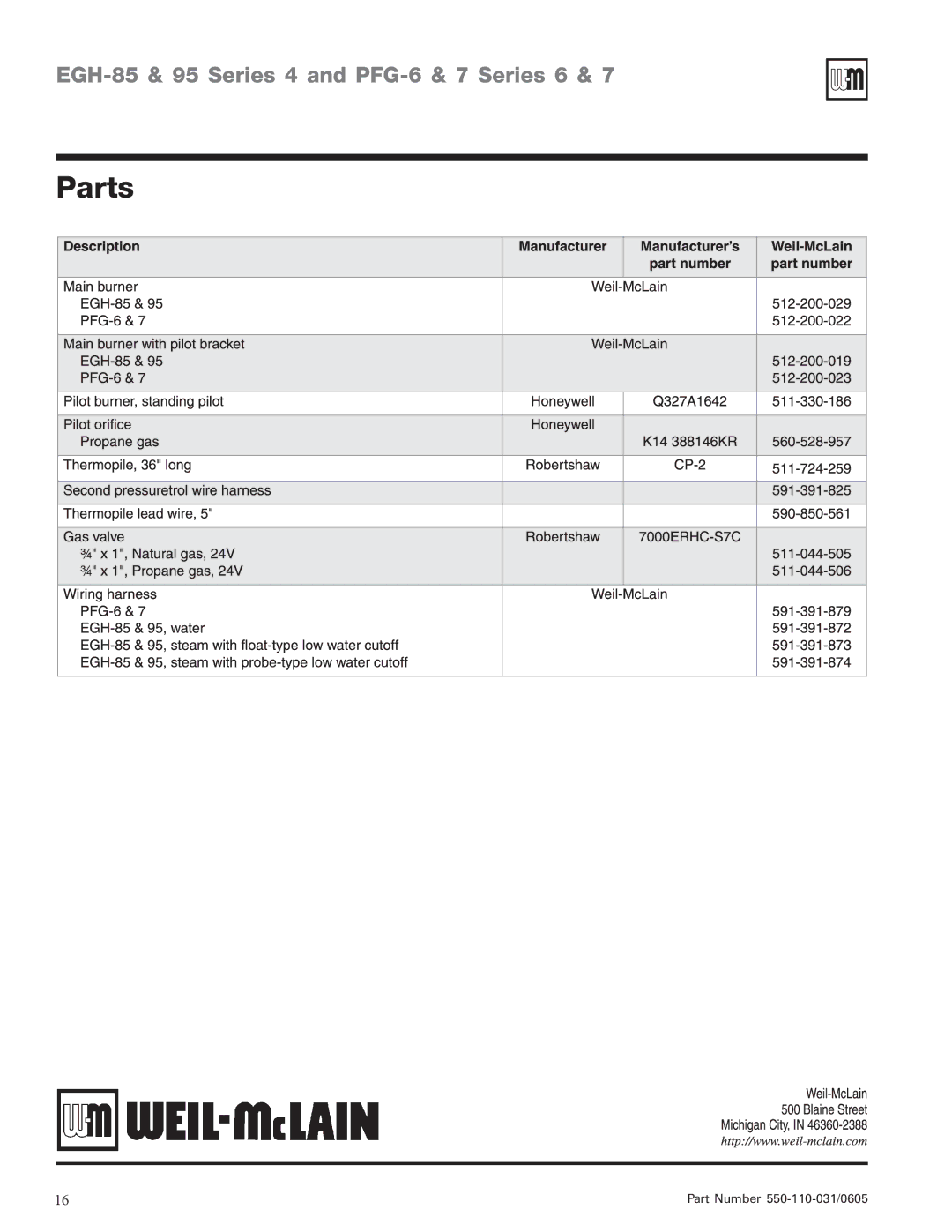 Weil-McLain EGH-95, PFG-6, EGH-85 manual Parts 