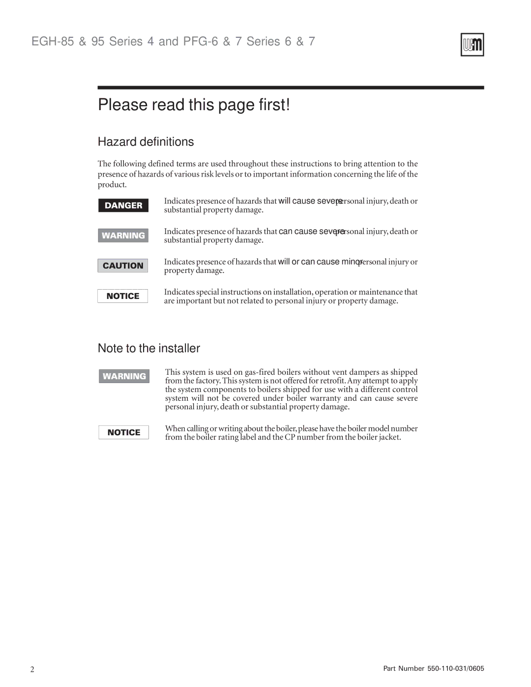 Weil-McLain EGH-85, PFG-6, EGH-95 manual Please read this page first, Hazard definitions 