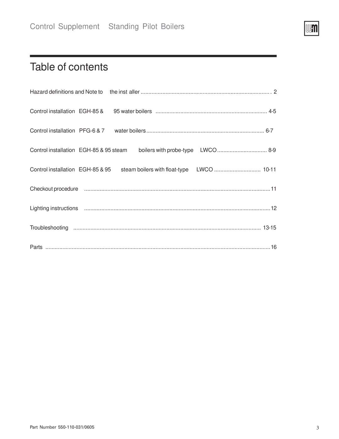 Weil-McLain PFG-6, EGH-95, EGH-85 manual Table of contents 